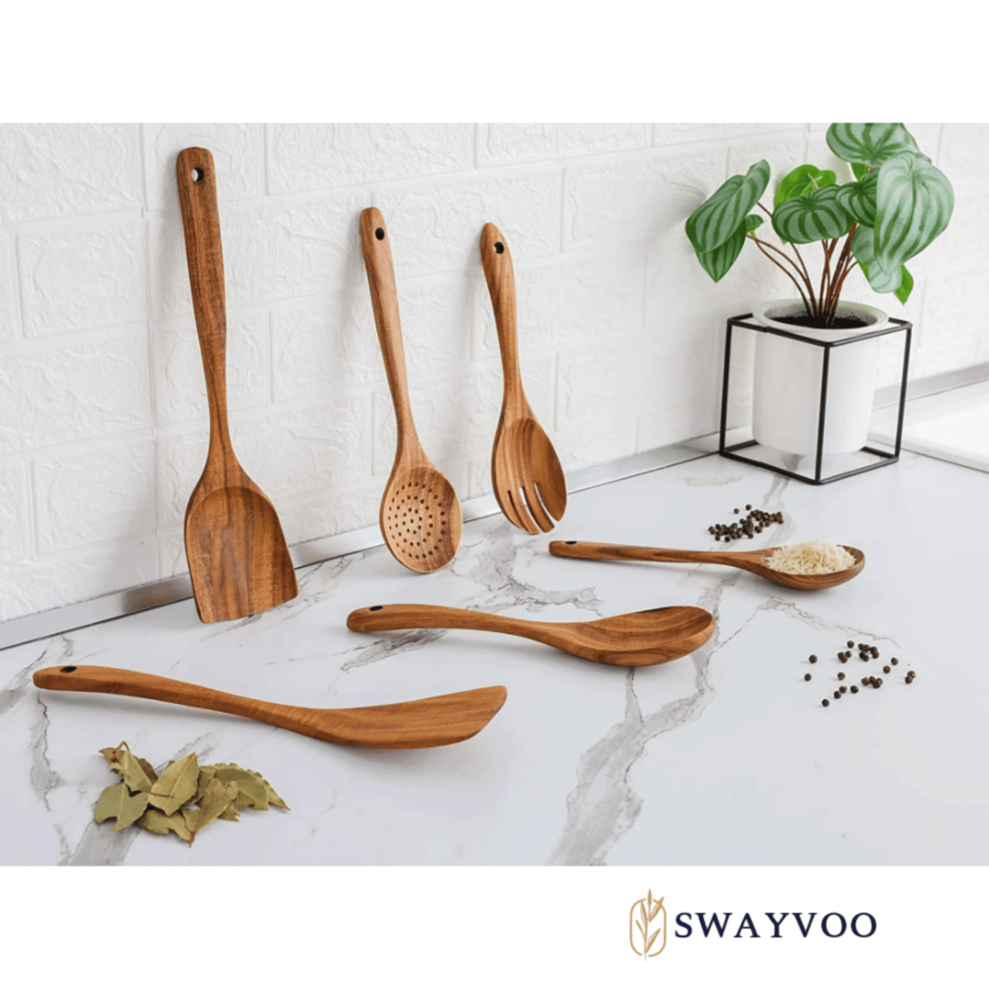 Non-Stick Safe Wooden Spoons for Cooking, 6-Piece 100% Natural Teak Wooden Utensils for Cooking — Heat Resistant, Non-Stick ... - Durable Turner & Ladle Utensil Set for Home Chefs Detail