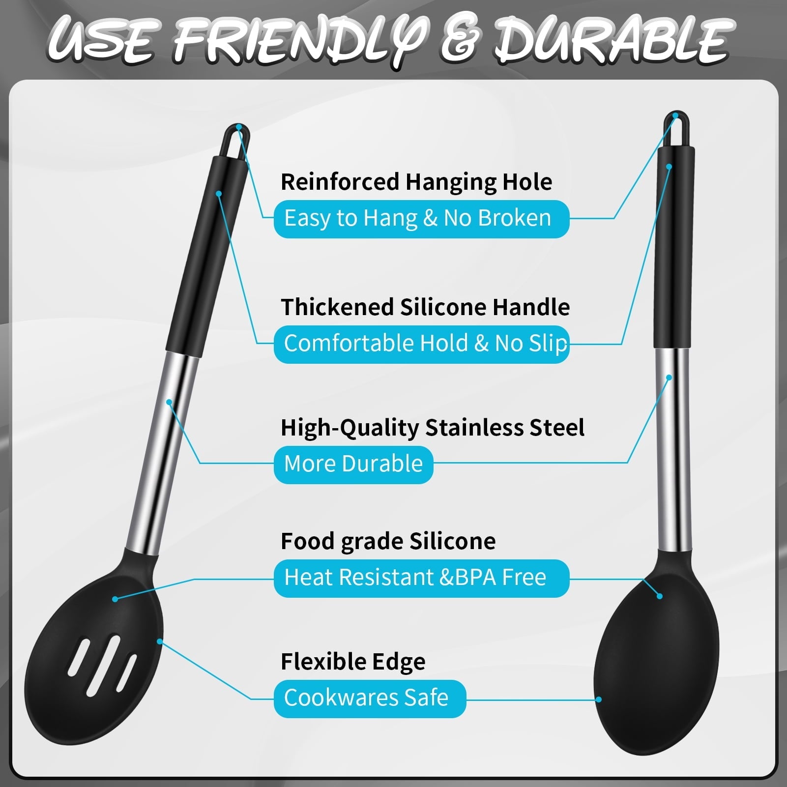 Premium Silicone Silicone Cooking Spatulas and Spoons, 4 Pack Heat Resistant Silicone Cooking Utensils Set, Non-stick Large Ki... - Ergonomic Kitchen Tongs and Cooking Spoon Utensil Detail