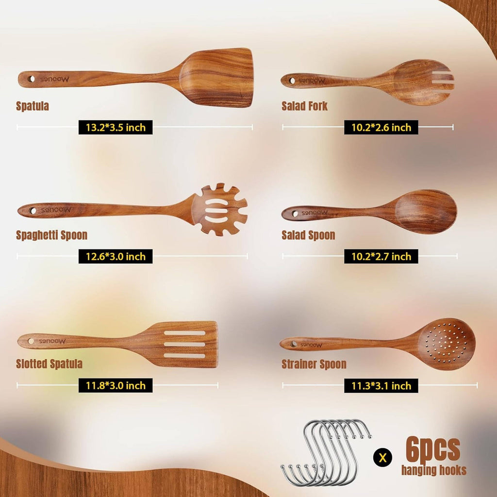Heat-Resistant 6-Piece Natural Teak Wooden Spoons for Cooking With 10 Hooks，Handcrafted Kitchen Utensils Set ，Ideal Gift Set - Heat-Resistant Silicone Cooking Spatula Turner Detail