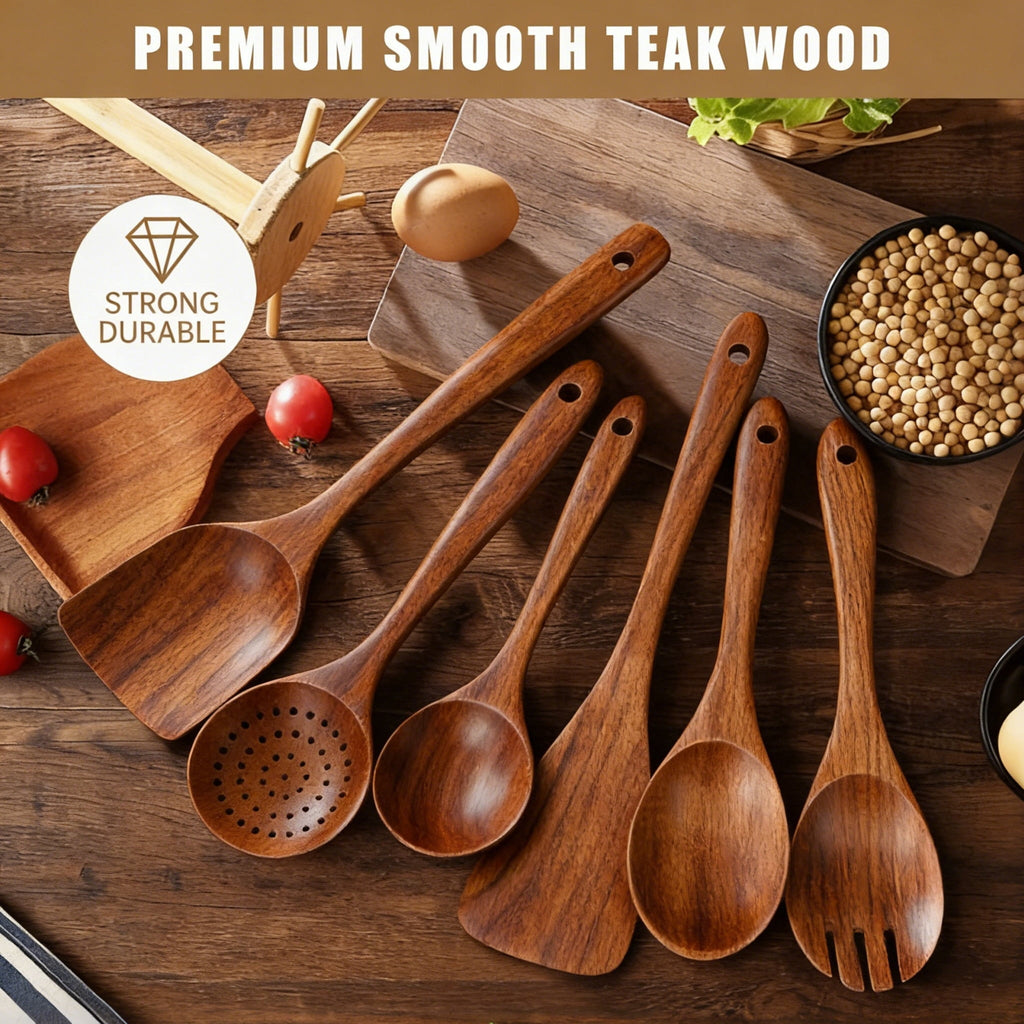Ergonomic Cooking Wooden Spoons for Cooking, 6 PCS Teak Wood Cooking Utensil Set, Wooden Kitchen Utensils for Nonstick Pans & Cookware,... - Ergonomic Kitchen Tongs and Cooking Spoon Utensil Detail