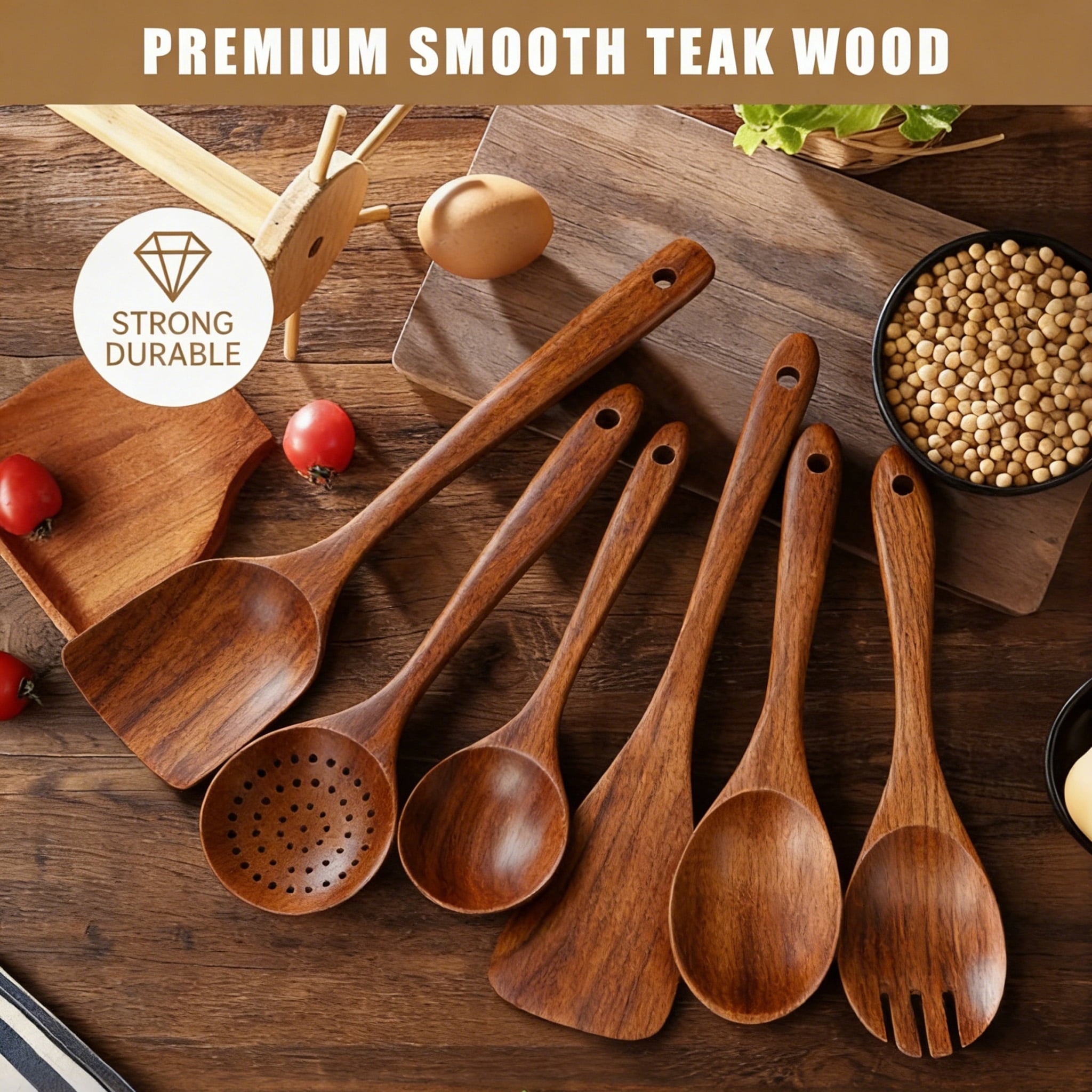 Ergonomic Cooking Wooden Spoons for Cooking, 6 PCS Teak Wood Cooking Utensil Set, Wooden Kitchen Utensils for Nonstick Pans & Cookware,... - Ergonomic Kitchen Tongs and Cooking Spoon Utensil Detail