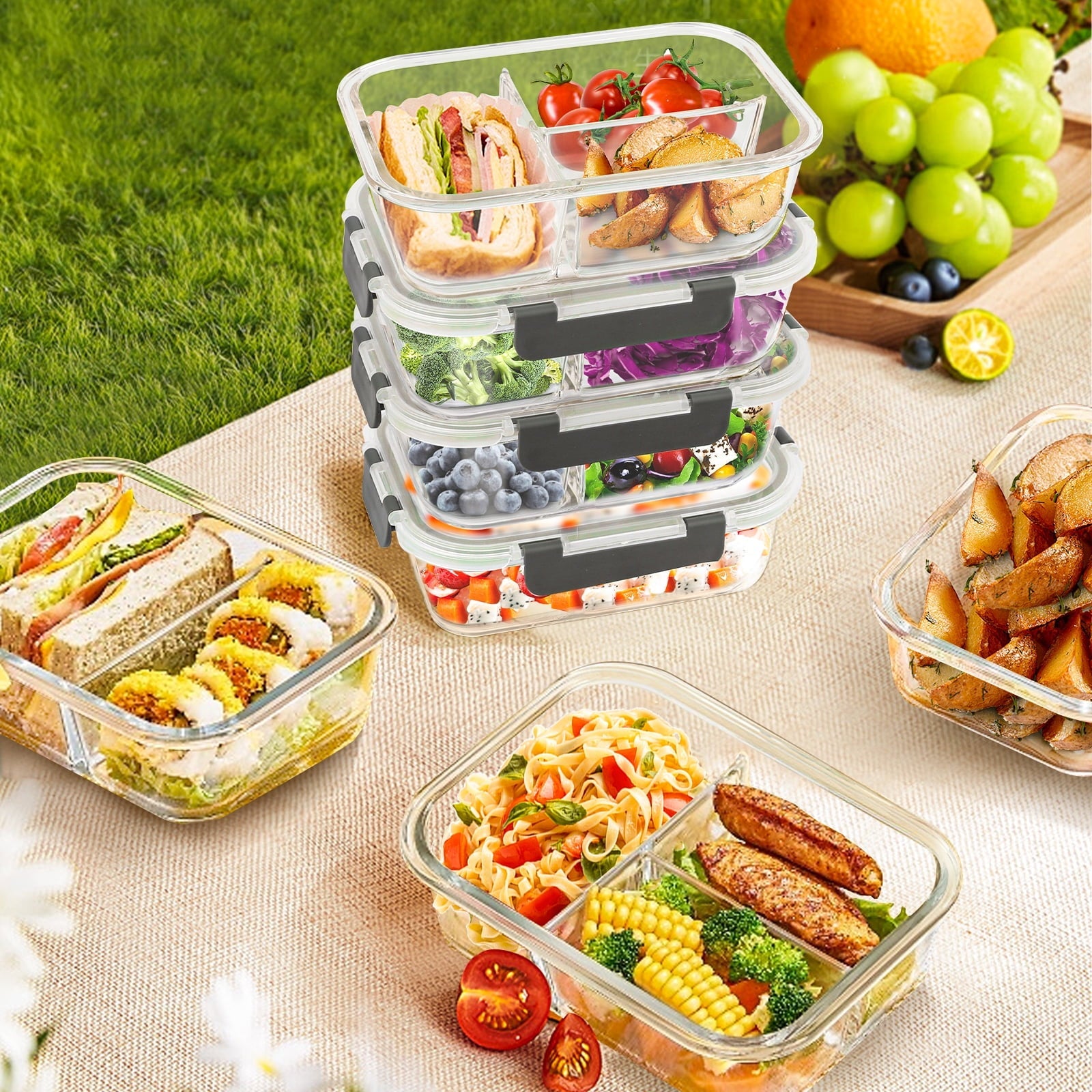 Playful Geometric 8 Pcs Glass Food Storage Containers with Lids, 2 & 3 Compartment Glass Airtight Meal Prep Containers (4 Containers & ... - Fun Food Fidget Cookie Squishable Toy Detail