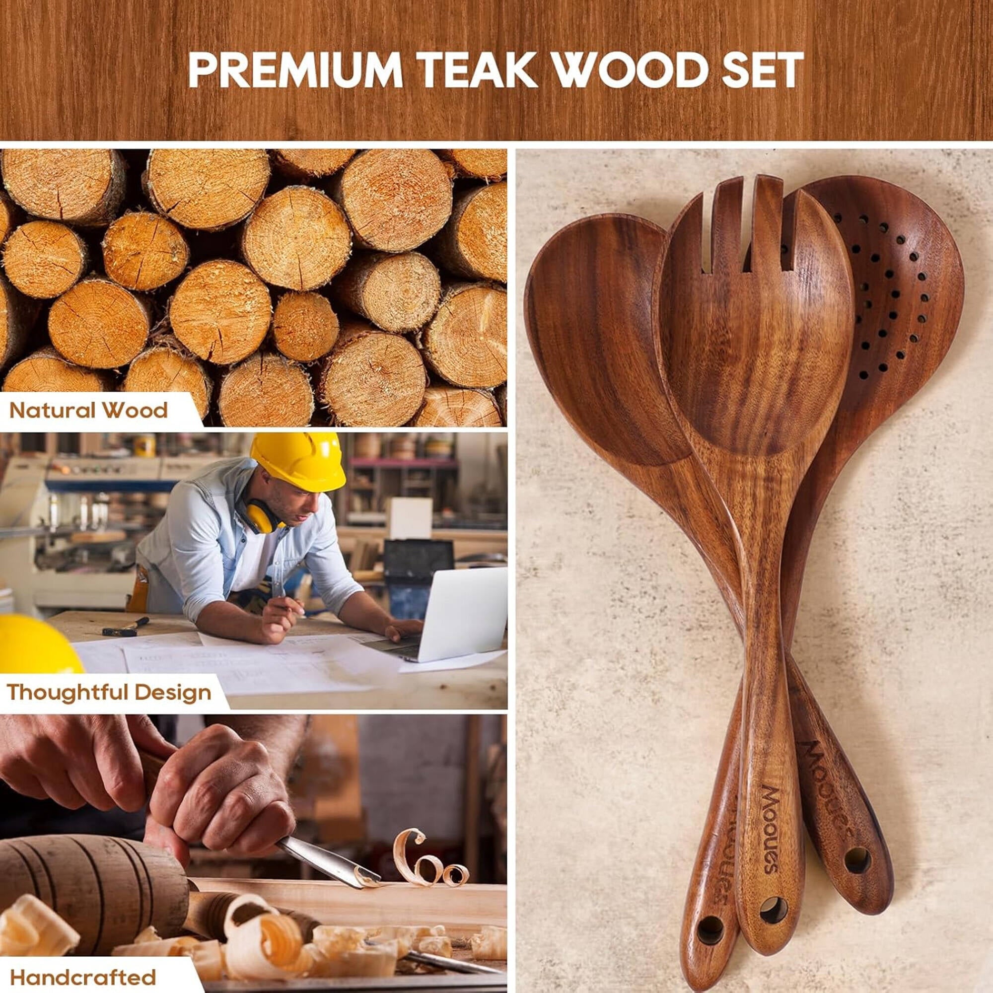 Heat-Resistant 6-Piece Natural Teak Wooden Spoons for Cooking With 10 Hooks，Handcrafted Kitchen Utensils Set ，Ideal Gift Set - Heat-Resistant Silicone Cooking Spatula Turner Detail