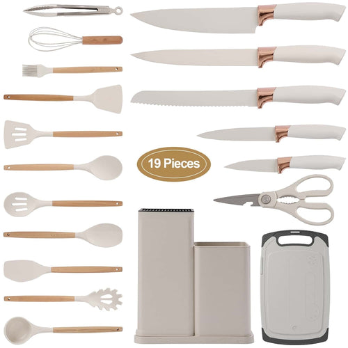 Ergonomic Cooking Kitchen Utensils Set for Cooking, 11 Cooking Utensils, 6 Knife set Beige,3 Utensil Sets,utensilios de cocina - Durable Turner & Ladle Utensil Set for Home Chefs - Default Title