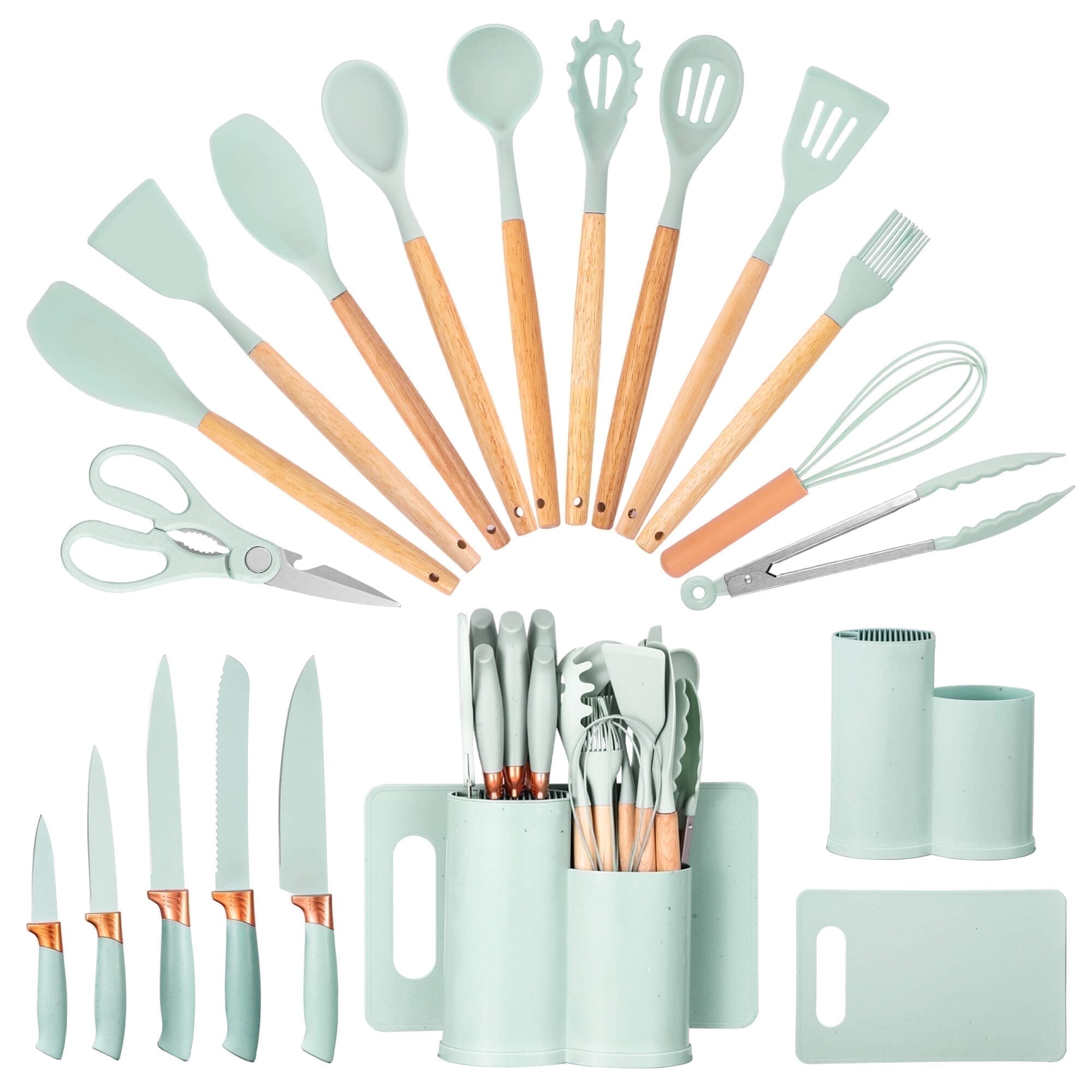 High-Precision 19pcs Silicone Kitchen Utensil Set, Heat-Resistant Non-Stick Easy Cooking Cleaning Home Light-Green - Professional Kitchen Tool for Culinary Enthusiasts - Default Title
