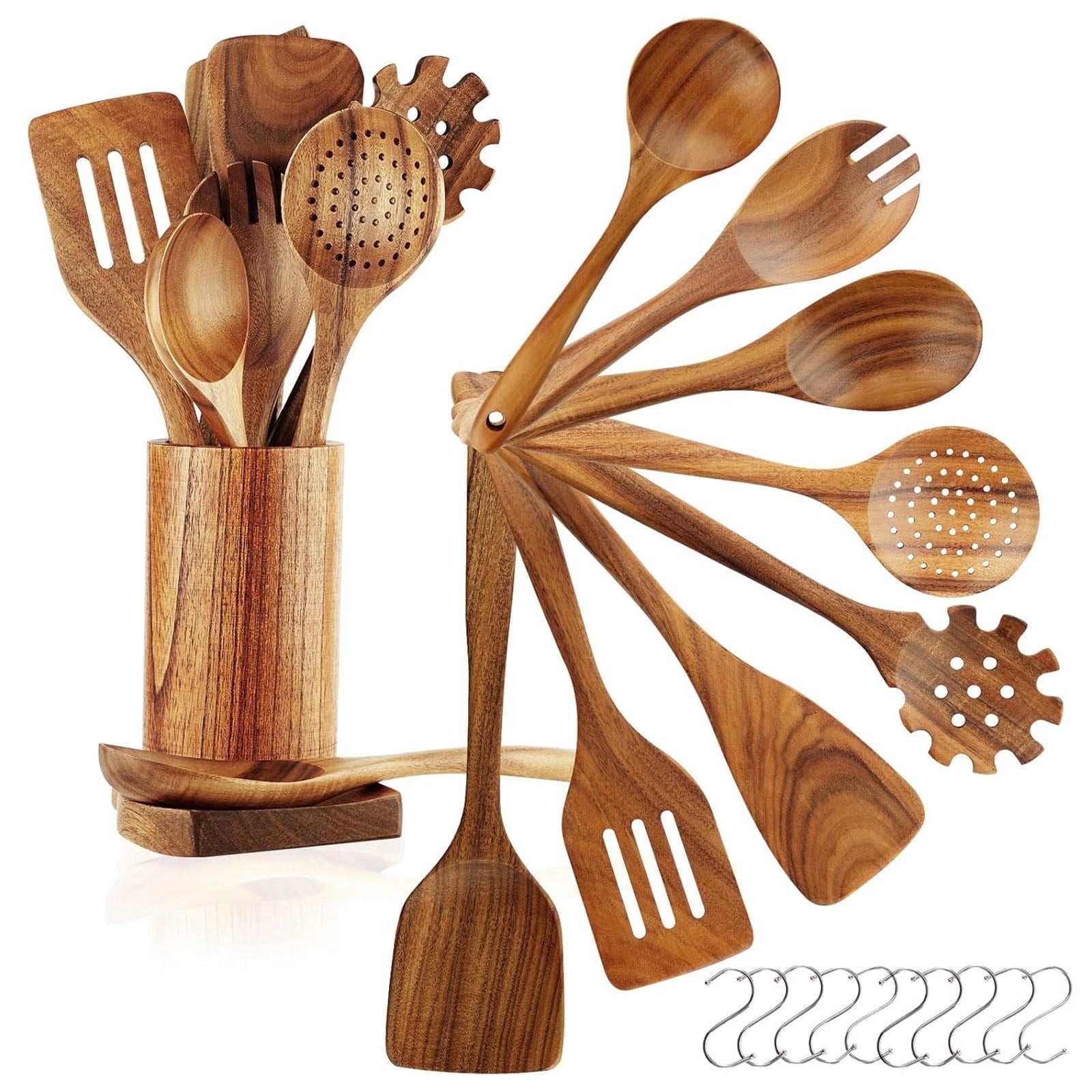 Non-Stick Safe 10Pcs Wooden Spoons for Cooking, Smooth Finish Teak Wooden Utensils for Cooking, Soft Comfort-Grip Wood Spoons for Co... - Ergonomic Kitchen Tongs and Cooking Spoon Utensil - Default Title