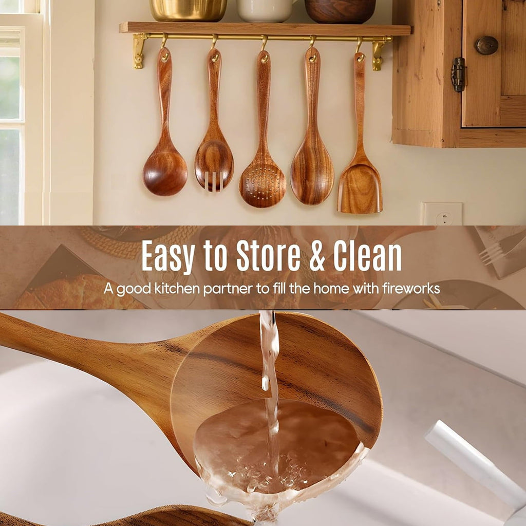 Heat-Resistant Wooden Spoons for Cooking, 8 Pcs Natural Teak Wooden Utensils Set, Non-Stick & Heat Resistant Durable Wood ... - Premium Stainless Steel Cooking Utensil for Non-Stick Pots Detail