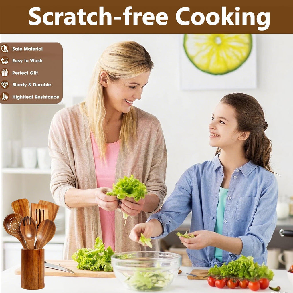 Heat-Resistant Wooden Spoons for Cooking, 8 Pcs Natural Teak Wooden Utensils Set, Non-Stick & Heat Resistant Durable Wood ... - Premium Stainless Steel Cooking Utensil for Non-Stick Pots Detail