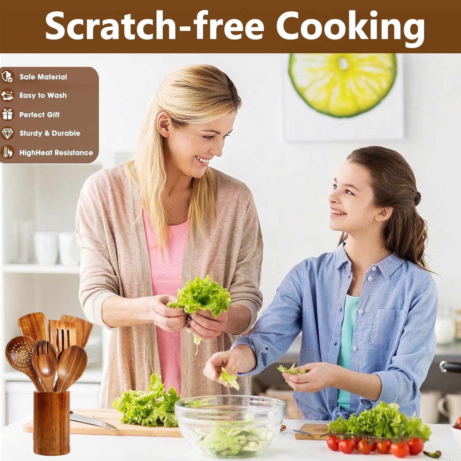 Heat-Resistant Wooden Spoons for Cooking, 8 Pcs Natural Teak Wooden Utensils Set, Non-Stick & Heat Resistant Durable Wood ... - Premium Stainless Steel Cooking Utensil for Non-Stick Pots Detail