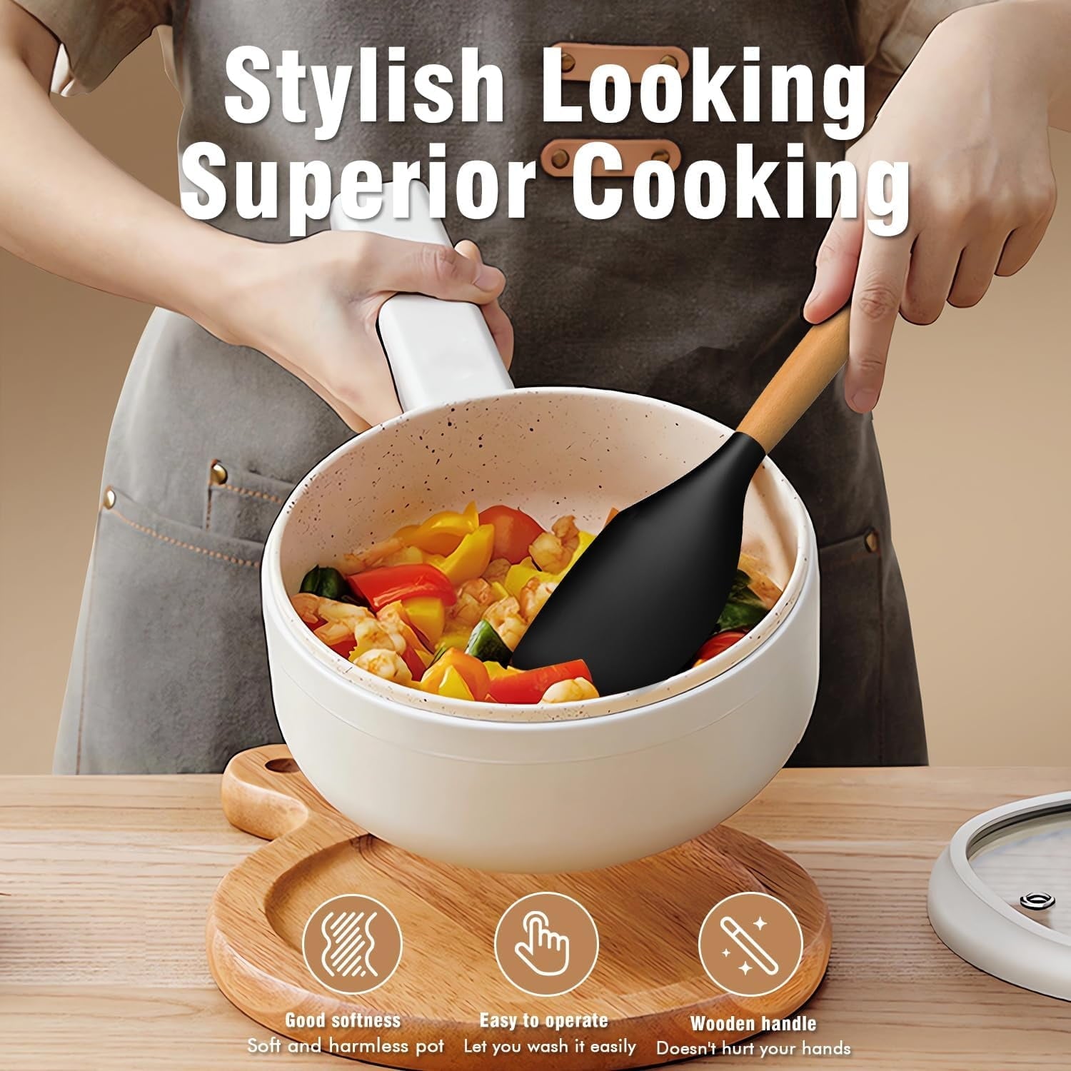 Multi-Functional Silicone Cooking Utensils Set - Silicone Kitchen Utensils for Cooking Wooden Handles, 446°F Heat Resistant Kitchen Ut... - Kitchen Gadget Tool for Quick Food Prep Detail