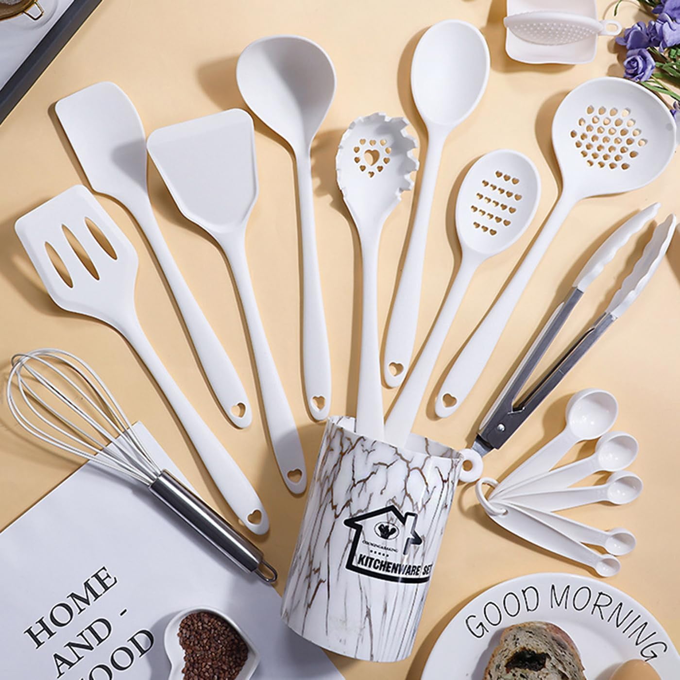 Durable Steel Silicone Cooking Utensils Set - 446°F Heat Resistant Kitchen Utensils,Turner Tongs,Spatula,Spoon,Brush,Whisk,Kitchen ... - High-Precision Culinary Tool for Baking & Cooking Detail