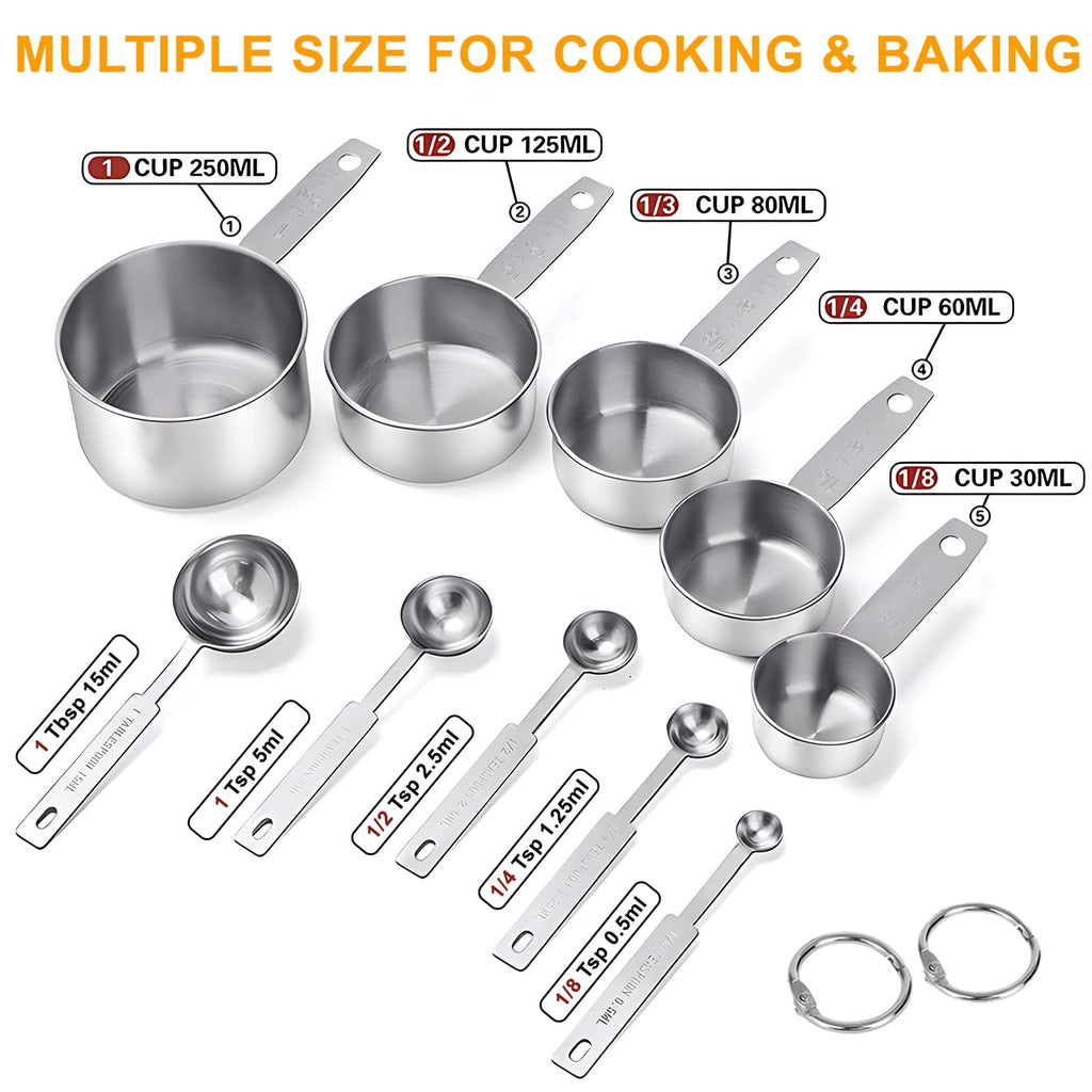 Seamless One-Piece Measuring Cups and Spoons Set of 10, 5 Stainless Steel Cups and 5 Spoons for Kitchen Cooking Baking - Durable Turner & Ladle Utensil Set for Home Chefs Detail