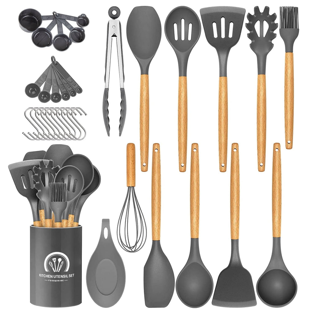 Non-Stick Safe Silicone Cooking Utensils Set, 446°F Heat Resistant Wooden Handle Cooking Kitchen Utensils Spatula Set with Holder fo... - Heat-Resistant Silicone Cooking Spatula Turner - Default Title