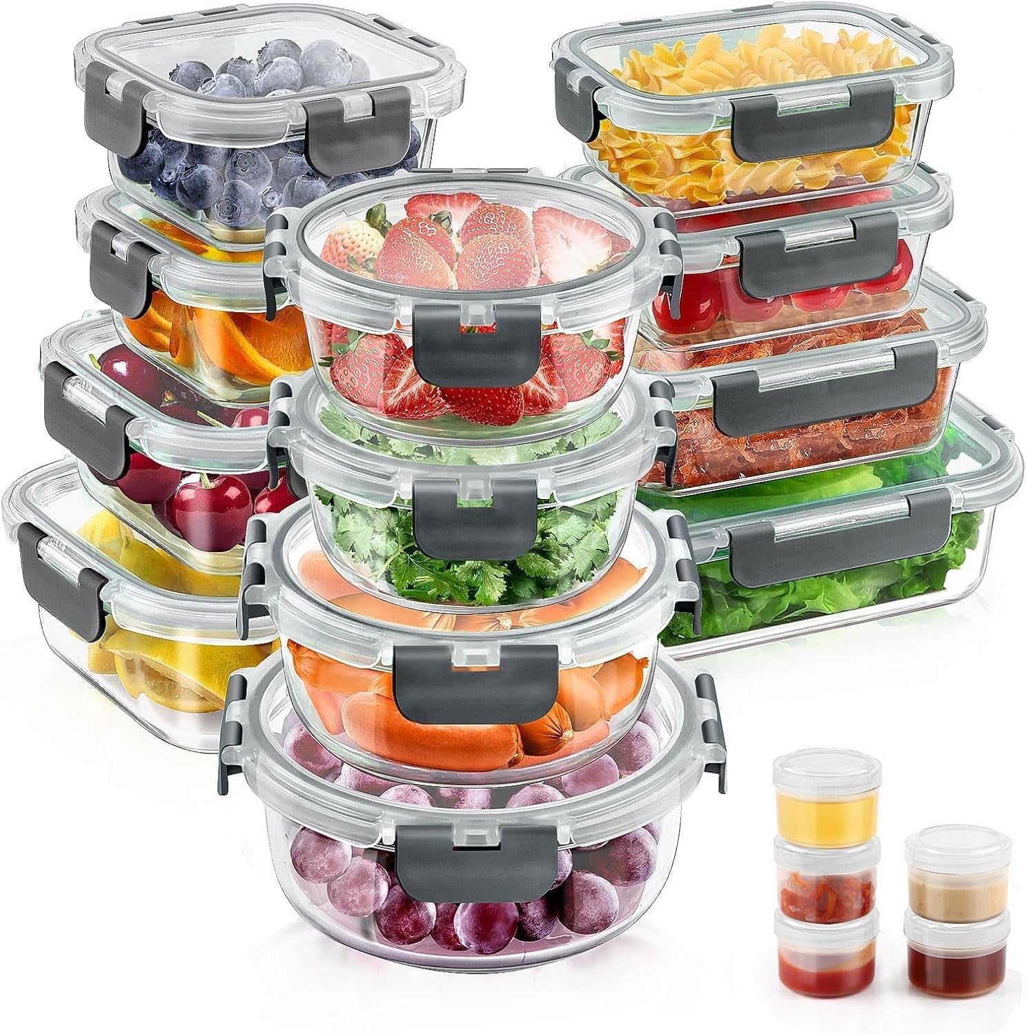 Fun Food Fidget 34pcs Glass Food Storage Containers with Lids Set, Airtight Meal Prep Containers (17 Containers & 17 Lids), Grey - Squishy Dohnut Sweet Treat Shaped Stress Toy - Default Title