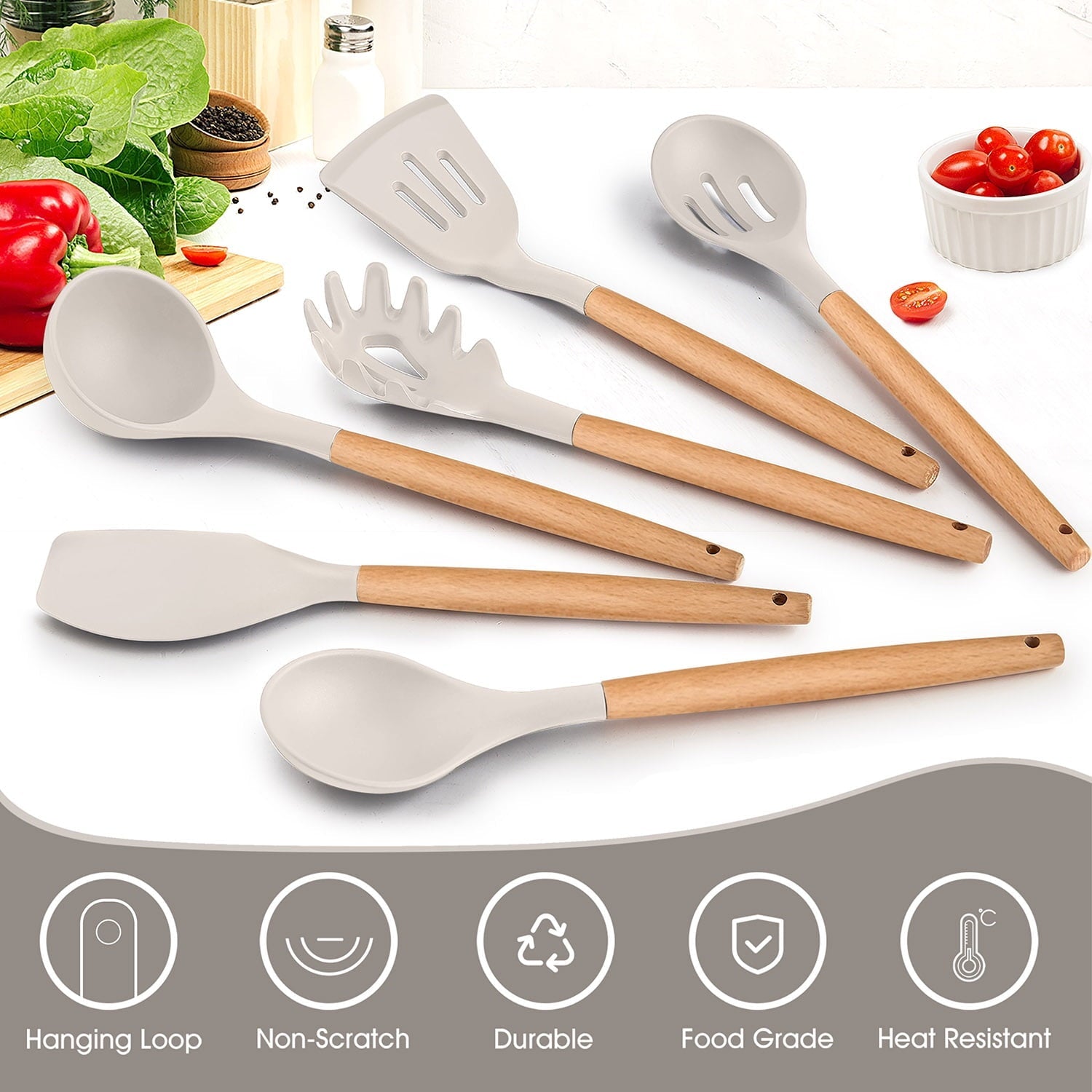 Chef-Quality Kitchen Utensils Set of 6, Silicone Cooking Utensils with Wooden Handle, Non-Stick Cookware & Heat Resistant, Include... - Multi-Purpose Hand Tool for Daily Meal Prep Detail