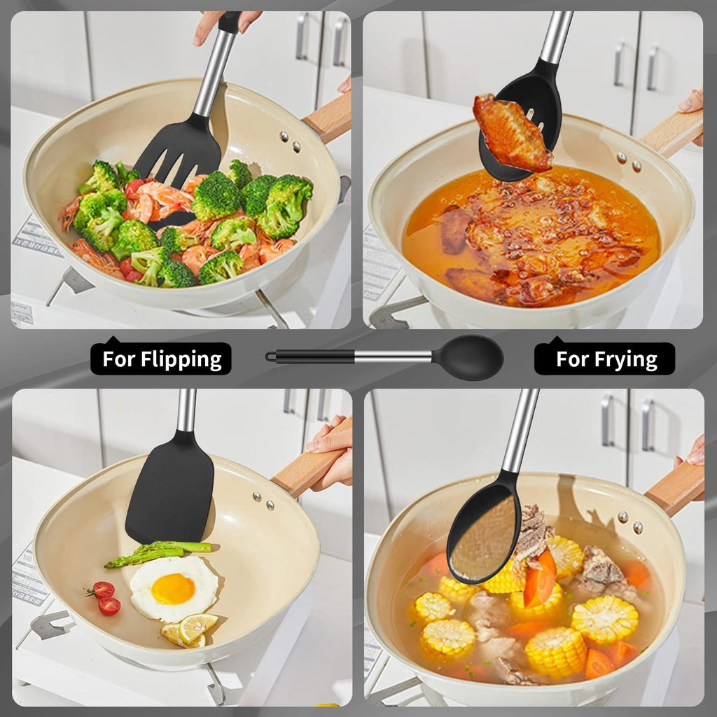 Premium Silicone Silicone Cooking Spatulas and Spoons, 4 Pack Heat Resistant Silicone Cooking Utensils Set, Non-stick Large Ki... - Ergonomic Kitchen Tongs and Cooking Spoon Utensil Detail
