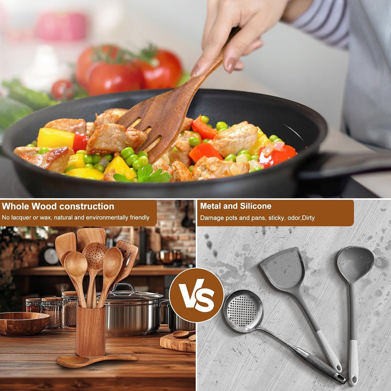 Heat-Resistant Wooden Spoons for Cooking, 8 Pcs Natural Teak Wooden Utensils Set, Non-Stick & Heat Resistant Durable Wood ... - Premium Stainless Steel Cooking Utensil for Non-Stick Pots Detail