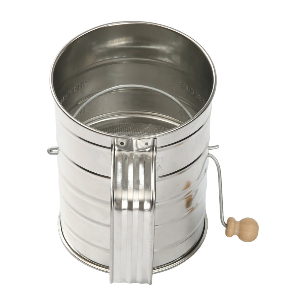 Ergonomic Manual Stainless Steel 3 Cup Flour Hand-Crank Sifter with Beechwood Handle Silver - Premium Stainless Steel Garlic Presser & Peeler Detail