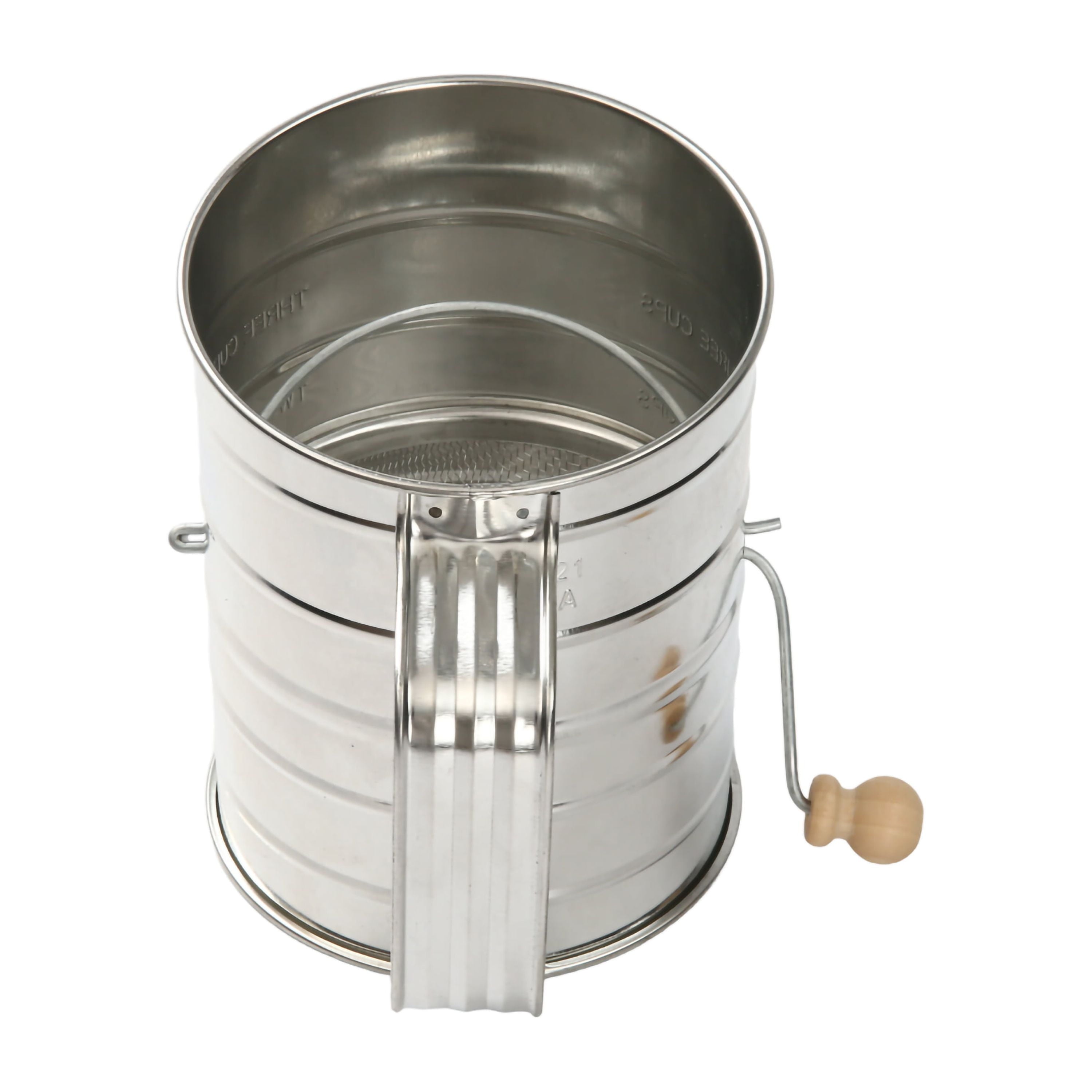 Ergonomic Manual Stainless Steel 3 Cup Flour Hand-Crank Sifter with Beechwood Handle Silver - Premium Stainless Steel Garlic Presser & Peeler Detail