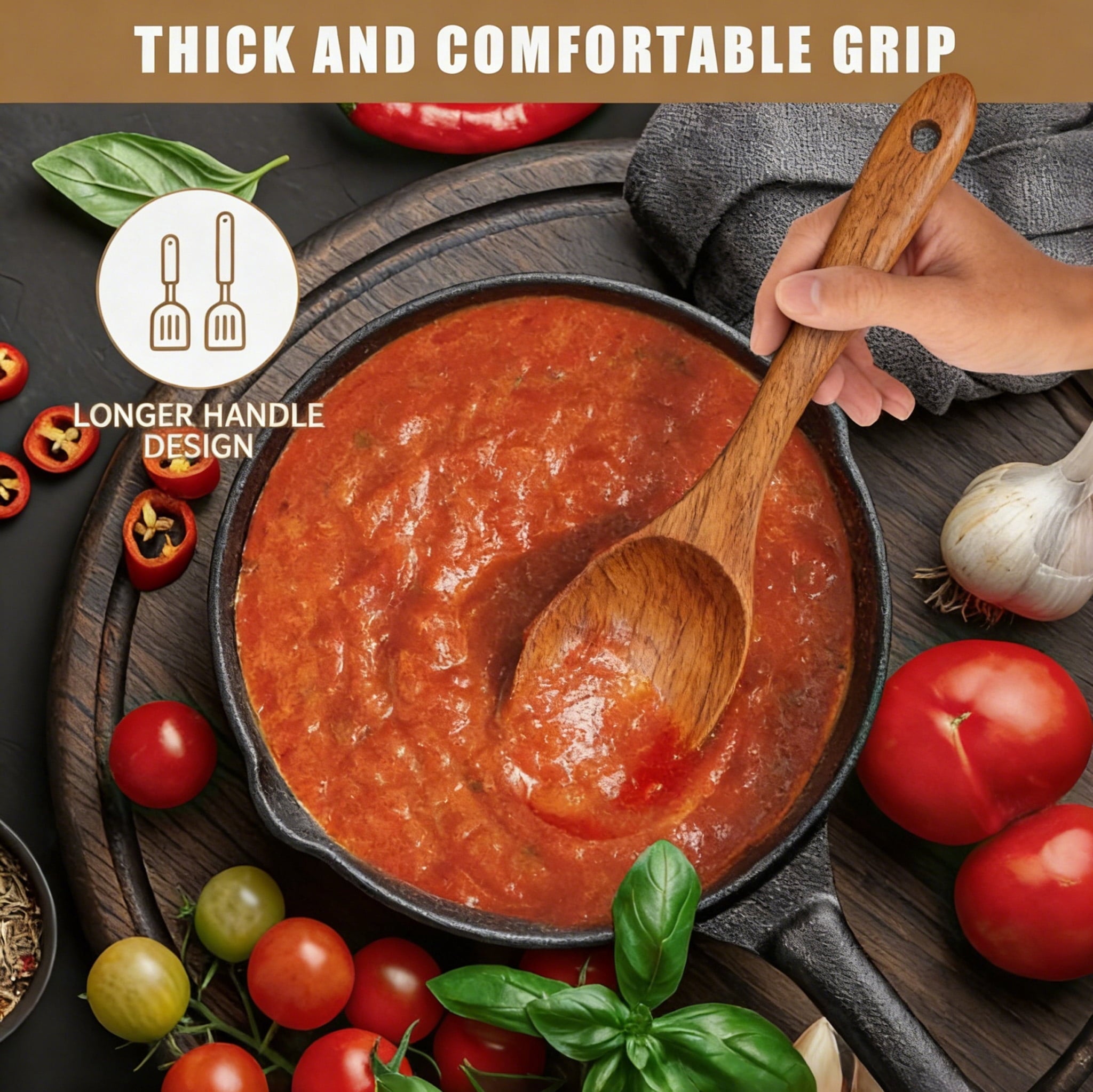 Ergonomic Cooking Wooden Spoons for Cooking, 6 PCS Teak Wood Cooking Utensil Set, Wooden Kitchen Utensils for Nonstick Pans & Cookware,... - Ergonomic Kitchen Tongs and Cooking Spoon Utensil Detail