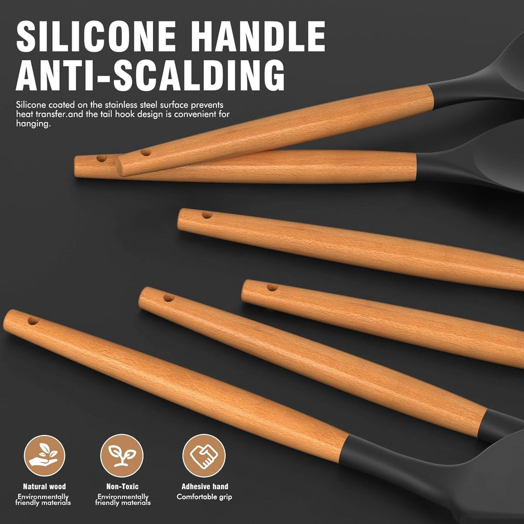 Multi-Functional Silicone Cooking Utensils Set - Silicone Kitchen Utensils for Cooking Wooden Handles, 446°F Heat Resistant Kitchen Ut... - Kitchen Gadget Tool for Quick Food Prep Detail