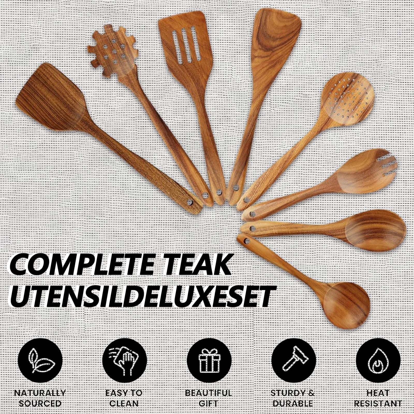 Non-Stick Safe 10Pcs Wooden Spoons for Cooking, Smooth Finish Teak Wooden Utensils for Cooking, Soft Comfort-Grip Wood Spoons for Co... - Ergonomic Kitchen Tongs and Cooking Spoon Utensil Detail