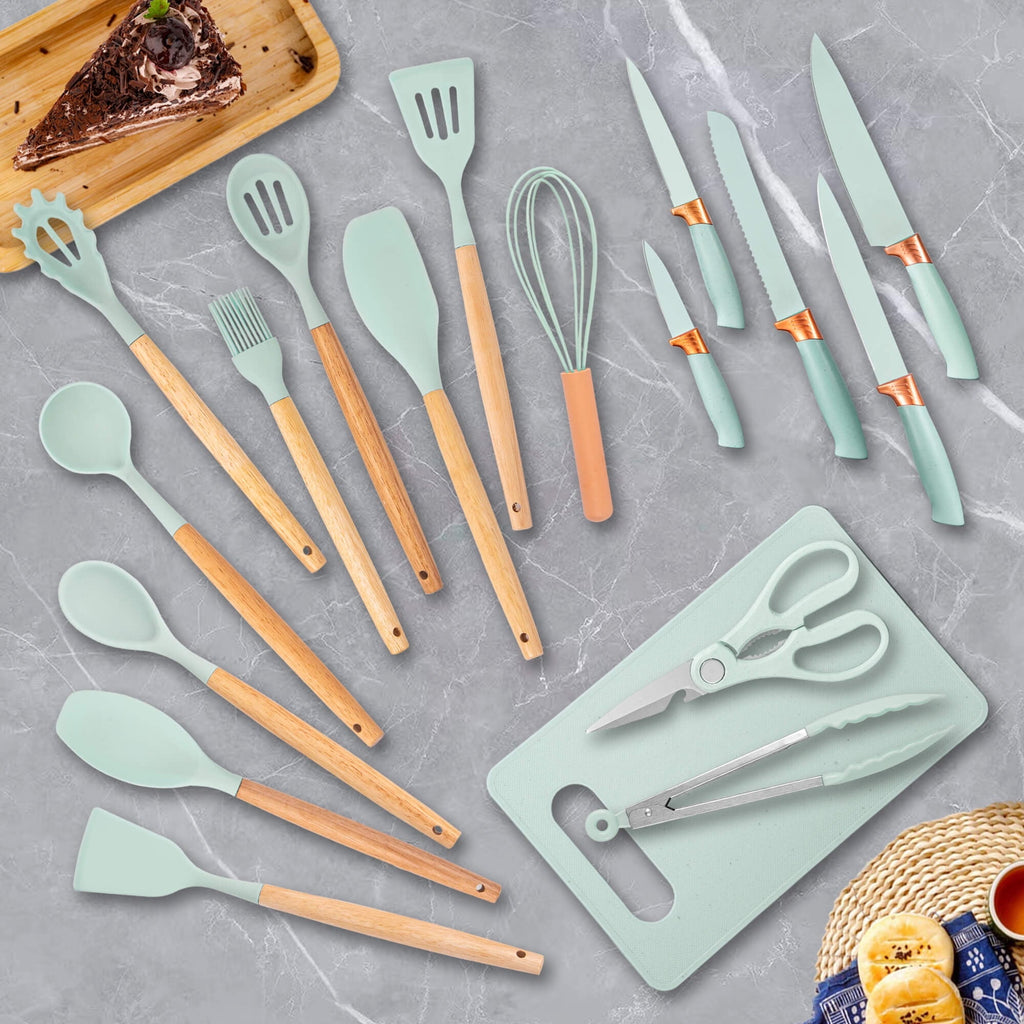 Premium Silicone 19pcs Silicone Kitchen Utensil Set, Heat-Resistant Non-Stick Easy Cooking Cleaning Home Light-Green - Ergonomic Kitchen Tongs and Cooking Spoon Utensil Detail