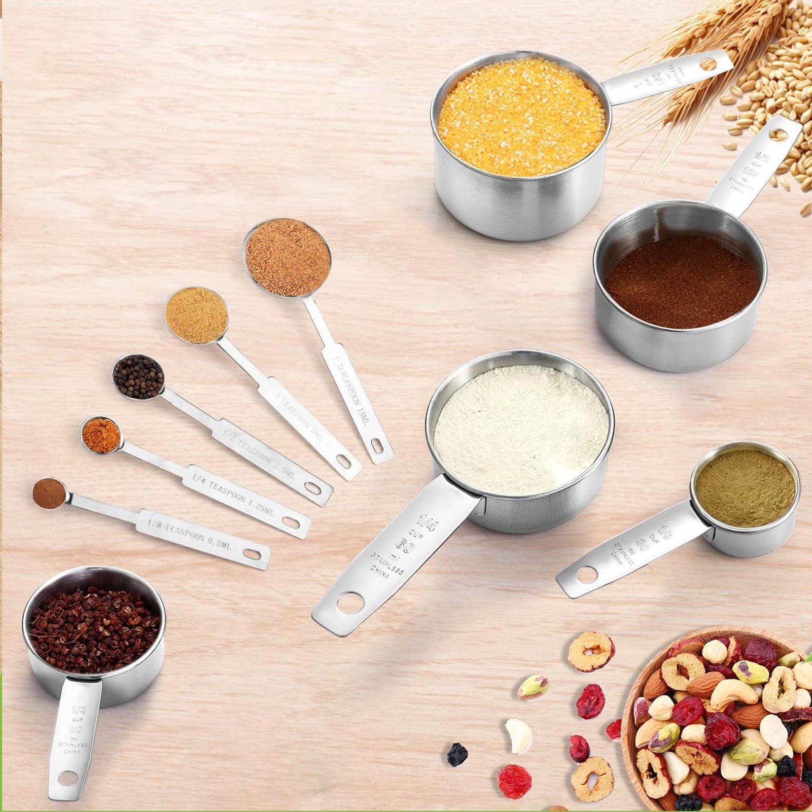 Seamless One-Piece Measuring Cups and Spoons Set of 10, 5 Stainless Steel Cups and 5 Spoons for Kitchen Cooking Baking - Durable Turner & Ladle Utensil Set for Home Chefs Detail