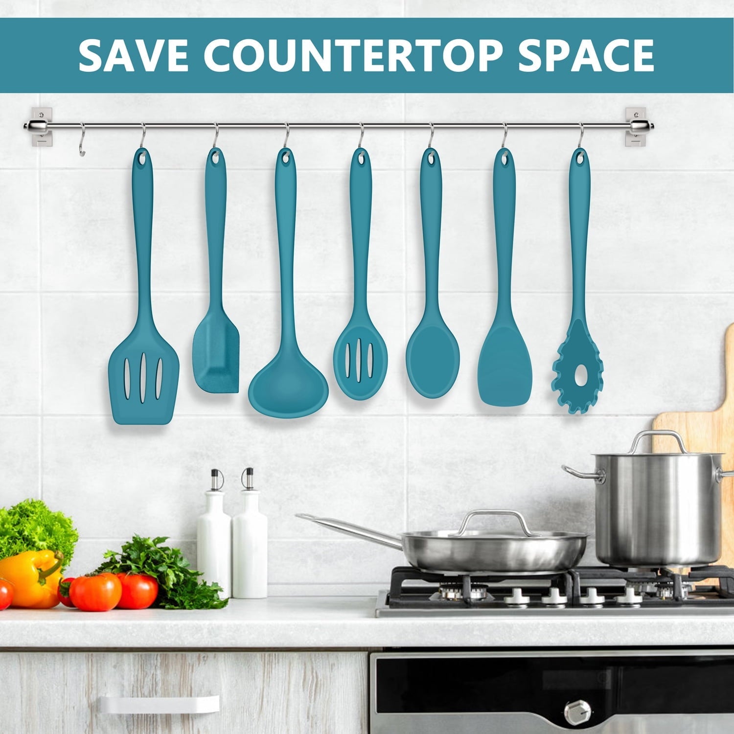 Durable Steel 7-Piece Silicone Cooking Utensils Set, Blue Kitchen Utensils, Non-stick Gadgets Tools Include Slotted Turner, Soup La... - High-Precision Culinary Tool for Baking & Cooking Detail