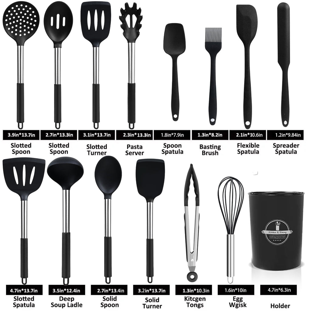 Premium Silicone Silicone Cooking Utensils Set, 26 Pcs, Heat Resistant Kitchen Utensils Set, Black - Heat-Resistant Silicone Cooking Spatula Turner Detail