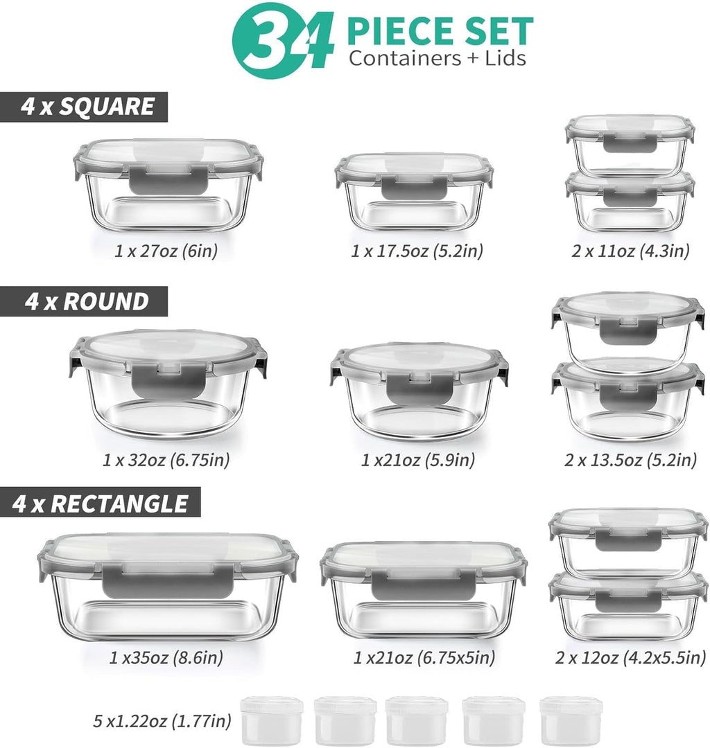 Fun Food Fidget 34pcs Glass Food Storage Containers with Lids Set, Airtight Meal Prep Containers (17 Containers & 17 Lids), Grey - Squishy Dohnut Sweet Treat Shaped Stress Toy Detail