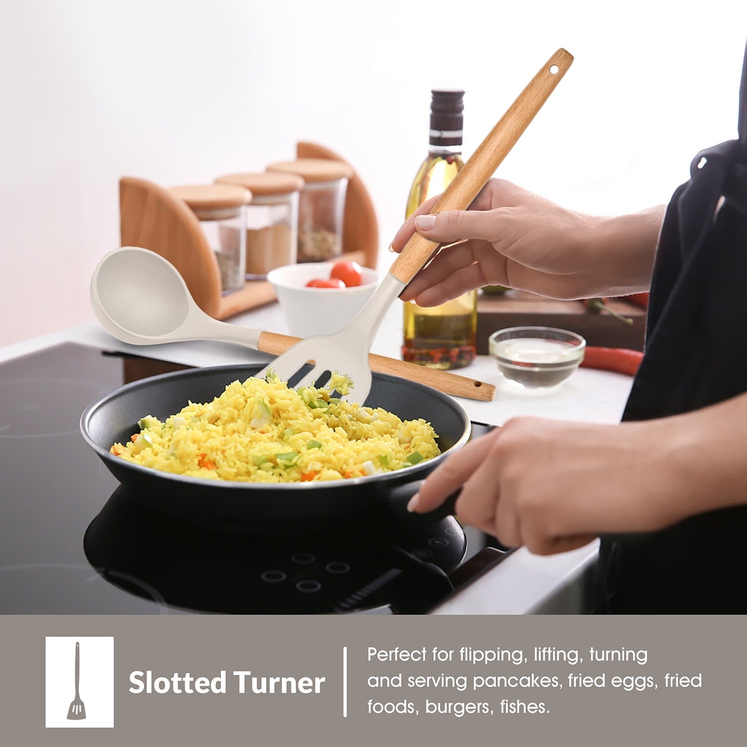 Chef-Quality Kitchen Utensils Set of 6, Silicone Cooking Utensils with Wooden Handle, Non-Stick Cookware & Heat Resistant, Include... - Multi-Purpose Hand Tool for Daily Meal Prep Detail