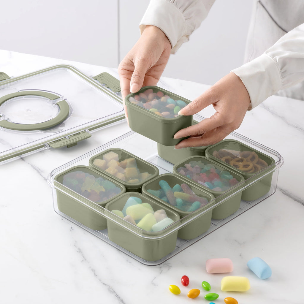 Sweet Treat Shaped 8-Compartment Snackle Box, Charcuterie and Snack Container, Divided Serving Tray with Lids and Handle, Dishwasher Saf... - Playful Star & Heart Shaped Geometric NeeDoh Detail