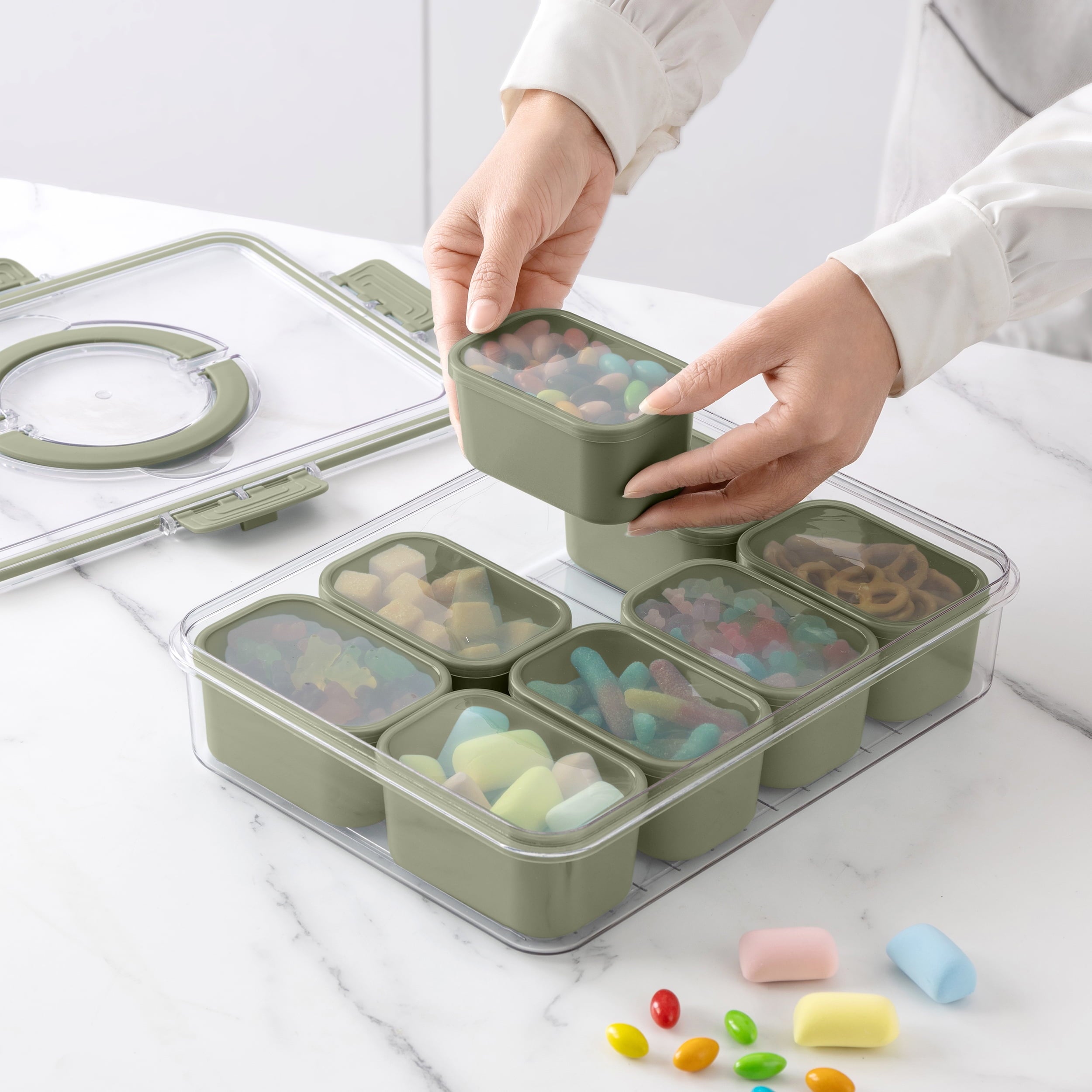 Sweet Treat Shaped 8-Compartment Snackle Box, Charcuterie and Snack Container, Divided Serving Tray with Lids and Handle, Dishwasher Saf... - Playful Star & Heart Shaped Geometric NeeDoh Detail