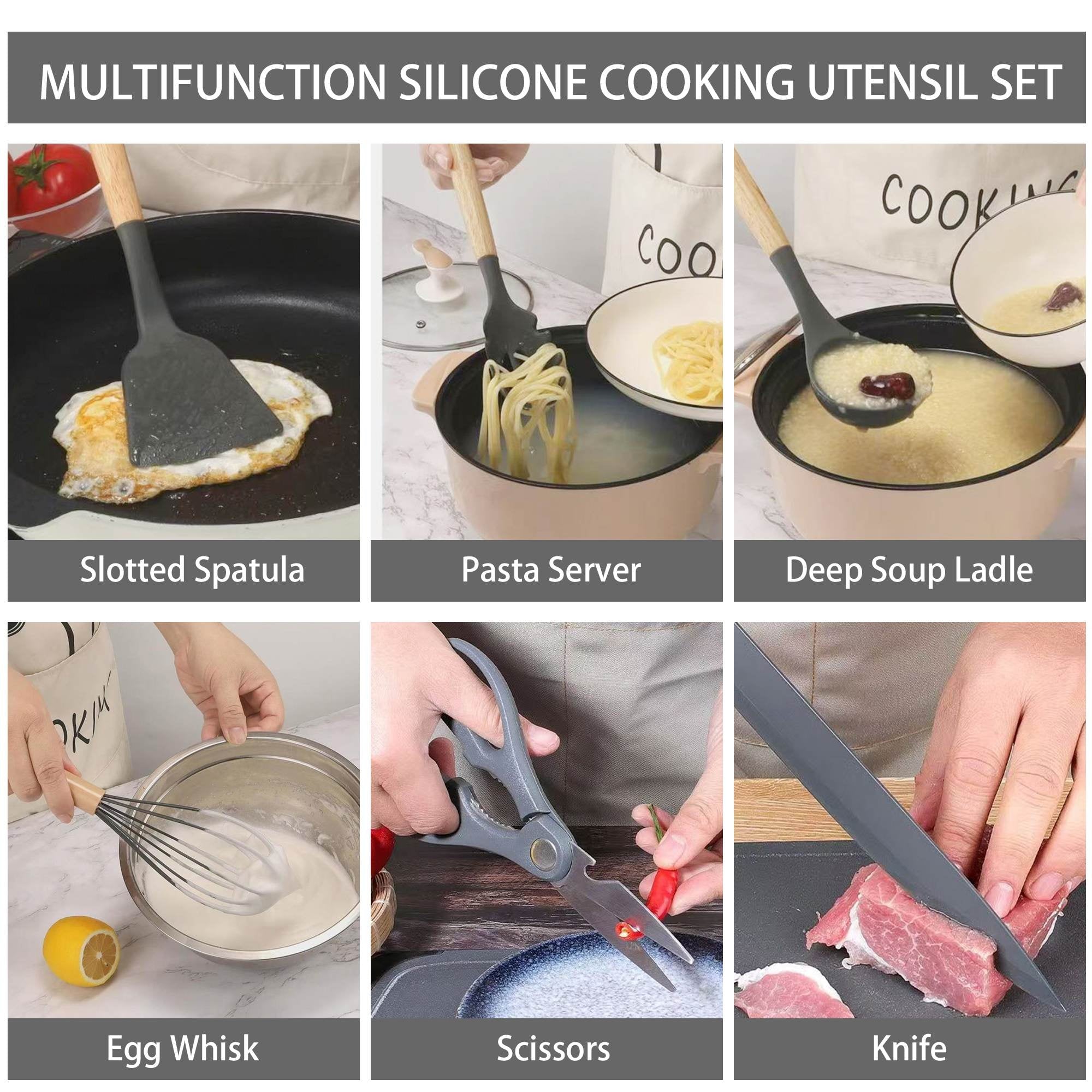 Heat-Resistant 19-Piece Silicone Kitchen Utensil & Knife Set - Heat-Resistant Cooking Tools Non-Stick Safe Gift for Mom or Wo... - Durable Turner & Ladle Utensil Set for Home Chefs Detail