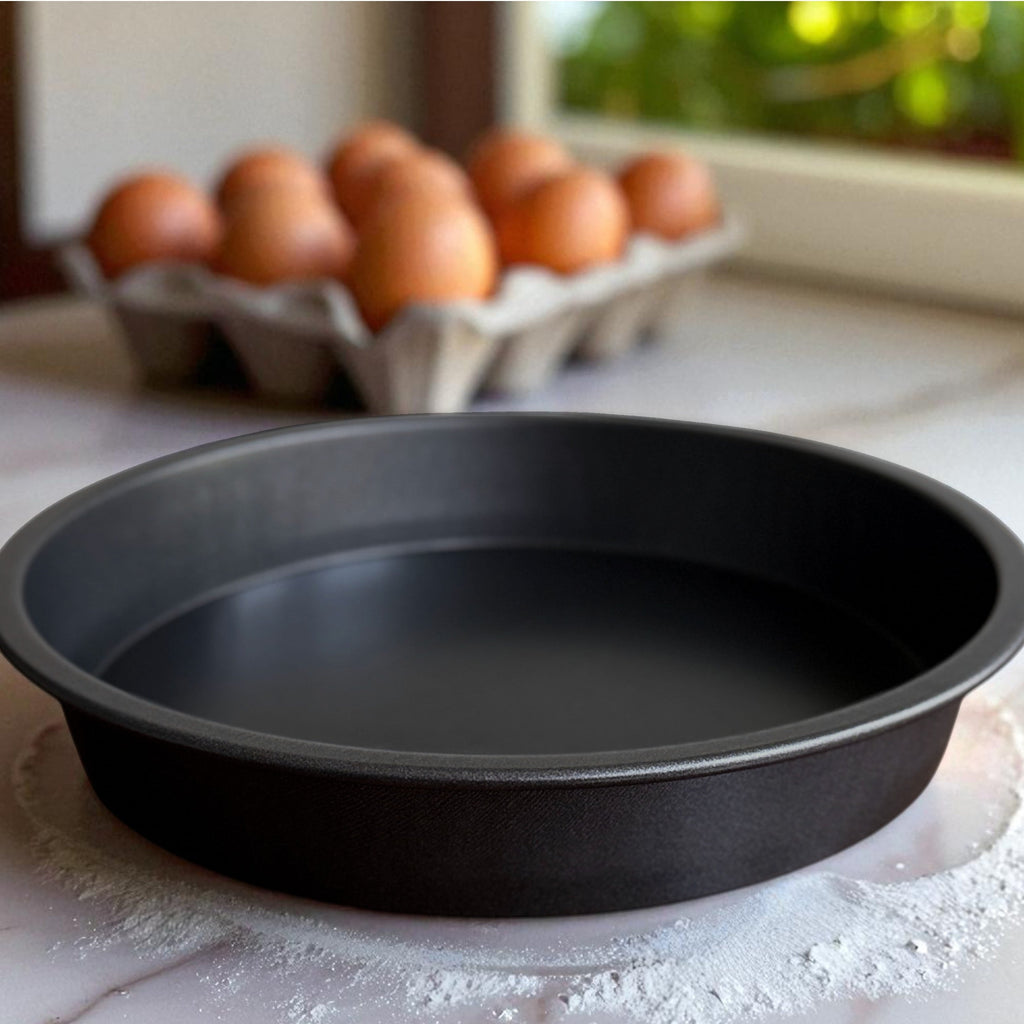Premium Kitchen 9" x 9" Round Nonstick Steel Cake Pan, Dark Gray - Premium Stainless Steel Garlic Presser & Peeler Detail