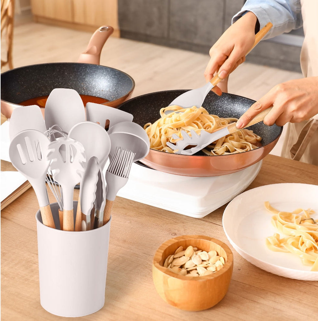Premium Silicone Silicone & Bamboo Cooking Utensil Set, 14 Pieces - Premium Stainless Steel Cooking Utensil for Non-Stick Pots Detail