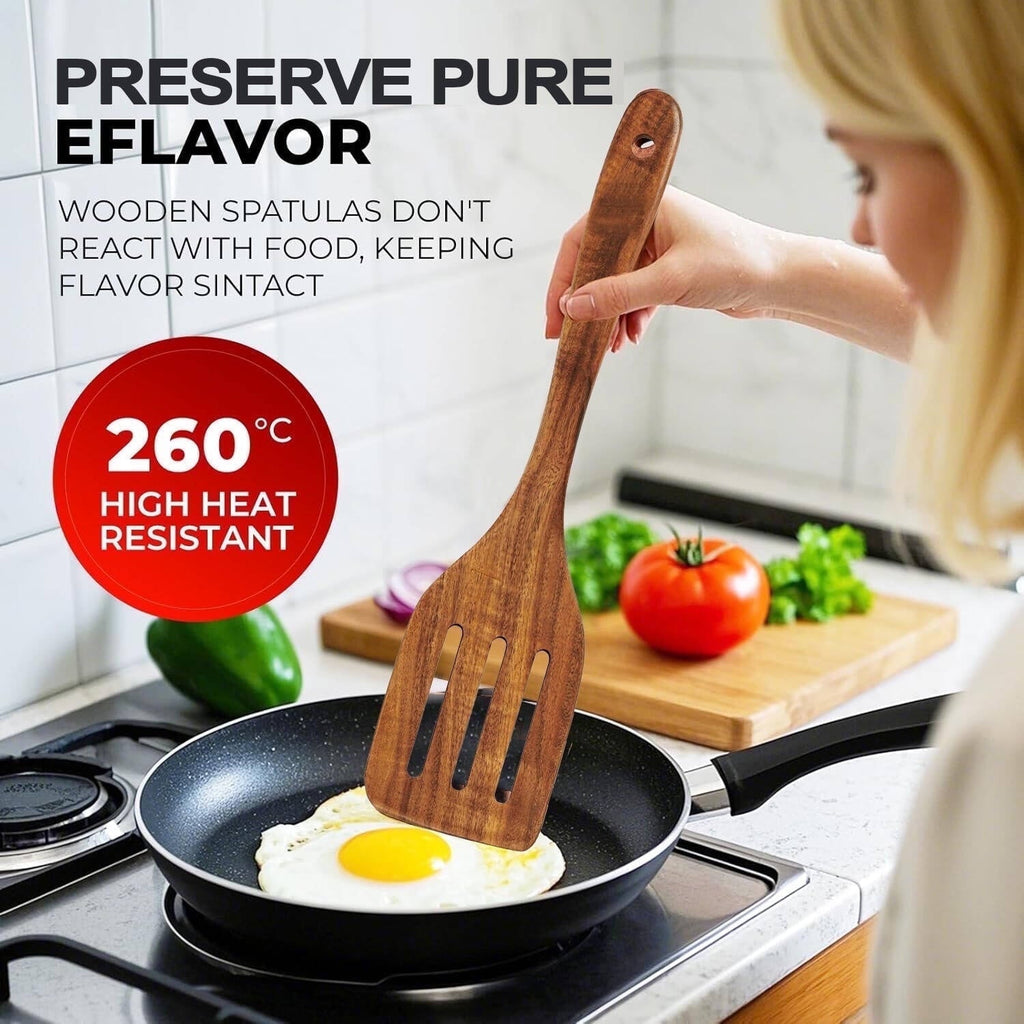 Heat-Resistant 6-Piece Natural Teak Wooden Spoons for Cooking With 10 Hooks，Handcrafted Kitchen Utensils Set ，Ideal Gift Set - Heat-Resistant Silicone Cooking Spatula Turner Detail