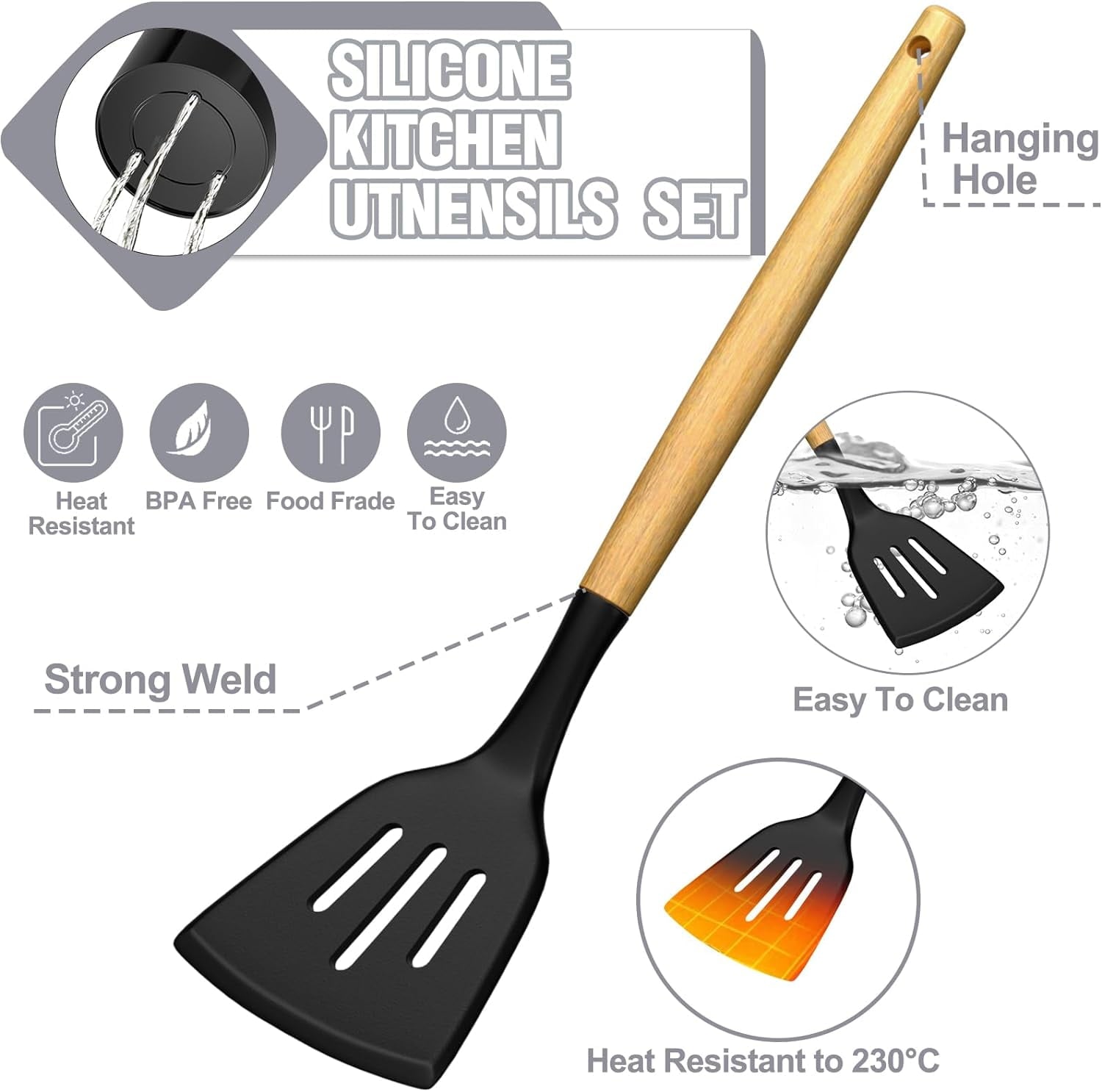 Professional Grade Kitchen Utensil Set, 34Pieces Silicone Cooking Utensil Set with Wooden Handle, Heat Resistant Spatula Set Gadg... - Multi-Purpose Hand Tool for Daily Meal Prep Detail