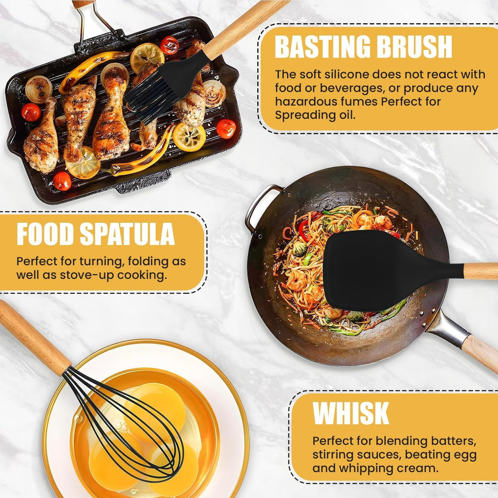 Non-Stick Safe Kitchen Utensils Set- 19 Pcs Silicone Cooking Utensils Set for Nonstick Cookware-Silicone Spatulas Set, Kitchen Gadge... - Ergonomic Kitchen Tongs and Cooking Spoon Utensil Detail