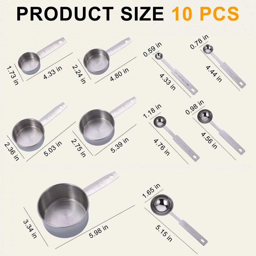 Seamless One-Piece Measuring Cups and Spoons Set of 10, 5 Stainless Steel Cups and 5 Spoons for Kitchen Cooking Baking - Durable Turner & Ladle Utensil Set for Home Chefs Detail