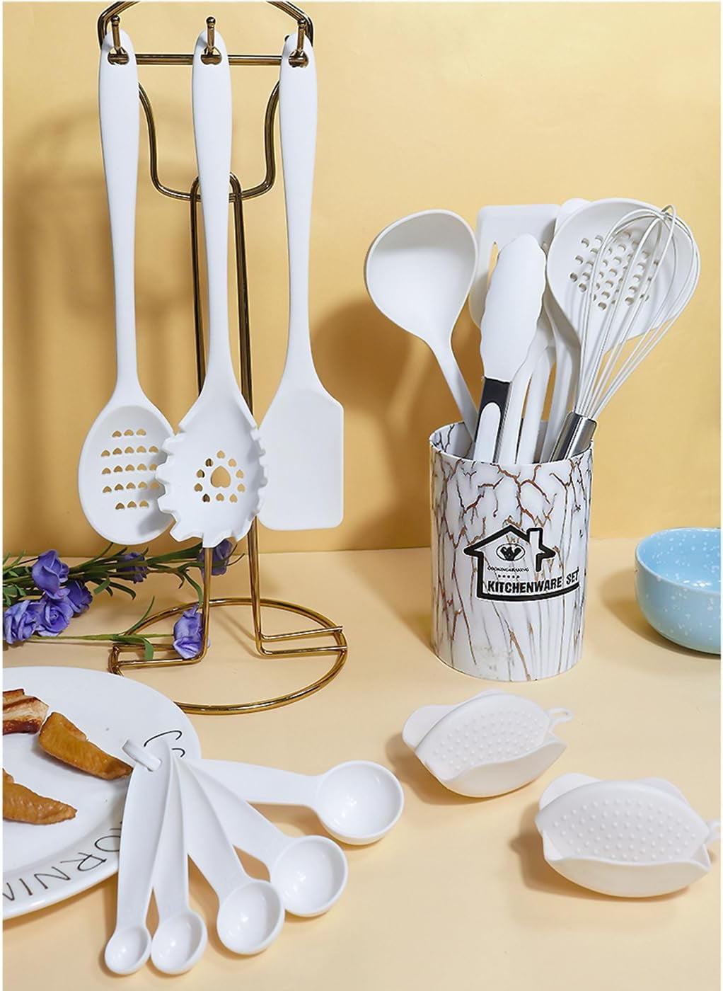 Durable Steel Silicone Cooking Utensils Set - 446°F Heat Resistant Kitchen Utensils,Turner Tongs,Spatula,Spoon,Brush,Whisk,Kitchen ... - High-Precision Culinary Tool for Baking & Cooking Detail
