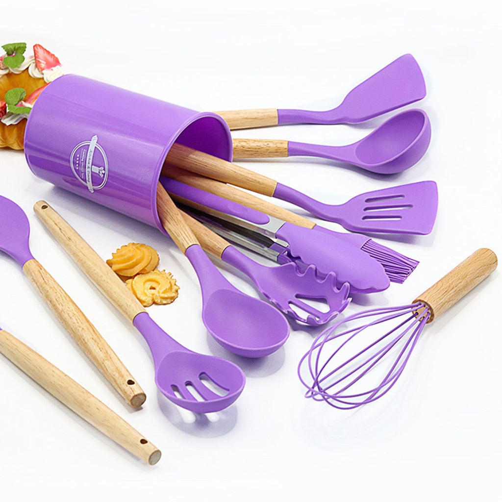 Non-Stick Safe 12Pcs Cooking Kitchen Utensils Set with Holder,Wooden Handles Cooking Tool,BPA Free,Non Toxic Turner Tongs Spa... - Ergonomic Kitchen Tongs and Cooking Spoon Utensil Detail
