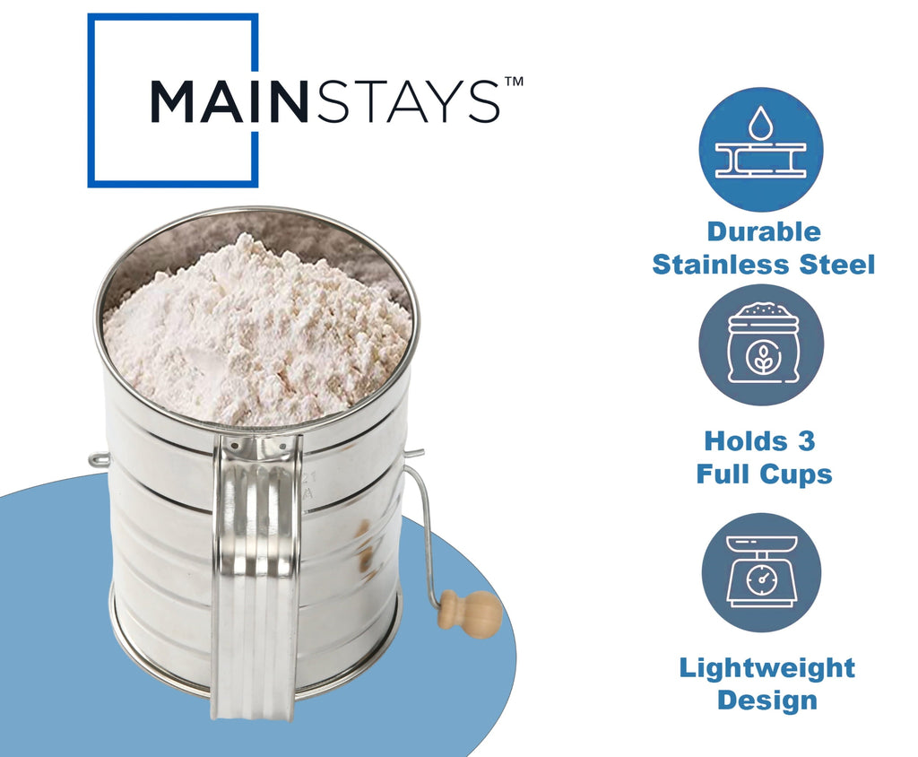 Ergonomic Manual Stainless Steel 3 Cup Flour Hand-Crank Sifter with Beechwood Handle Silver - Premium Stainless Steel Garlic Presser & Peeler Detail