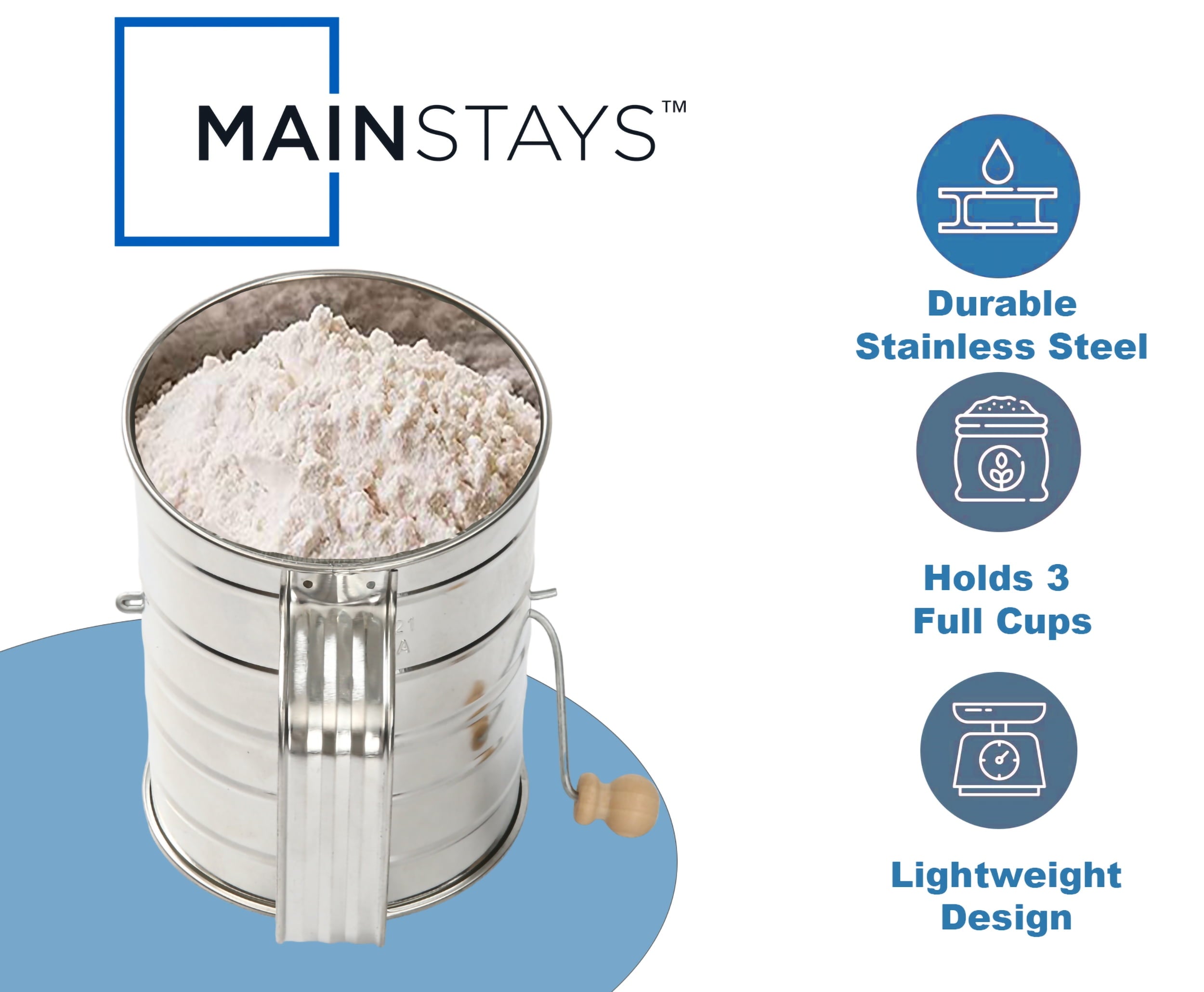 Ergonomic Manual Stainless Steel 3 Cup Flour Hand-Crank Sifter with Beechwood Handle Silver - Premium Stainless Steel Garlic Presser & Peeler Detail
