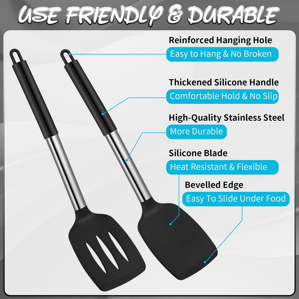 Premium Silicone Silicone Cooking Spatulas and Spoons, 4 Pack Heat Resistant Silicone Cooking Utensils Set, Non-stick Large Ki... - Ergonomic Kitchen Tongs and Cooking Spoon Utensil Detail