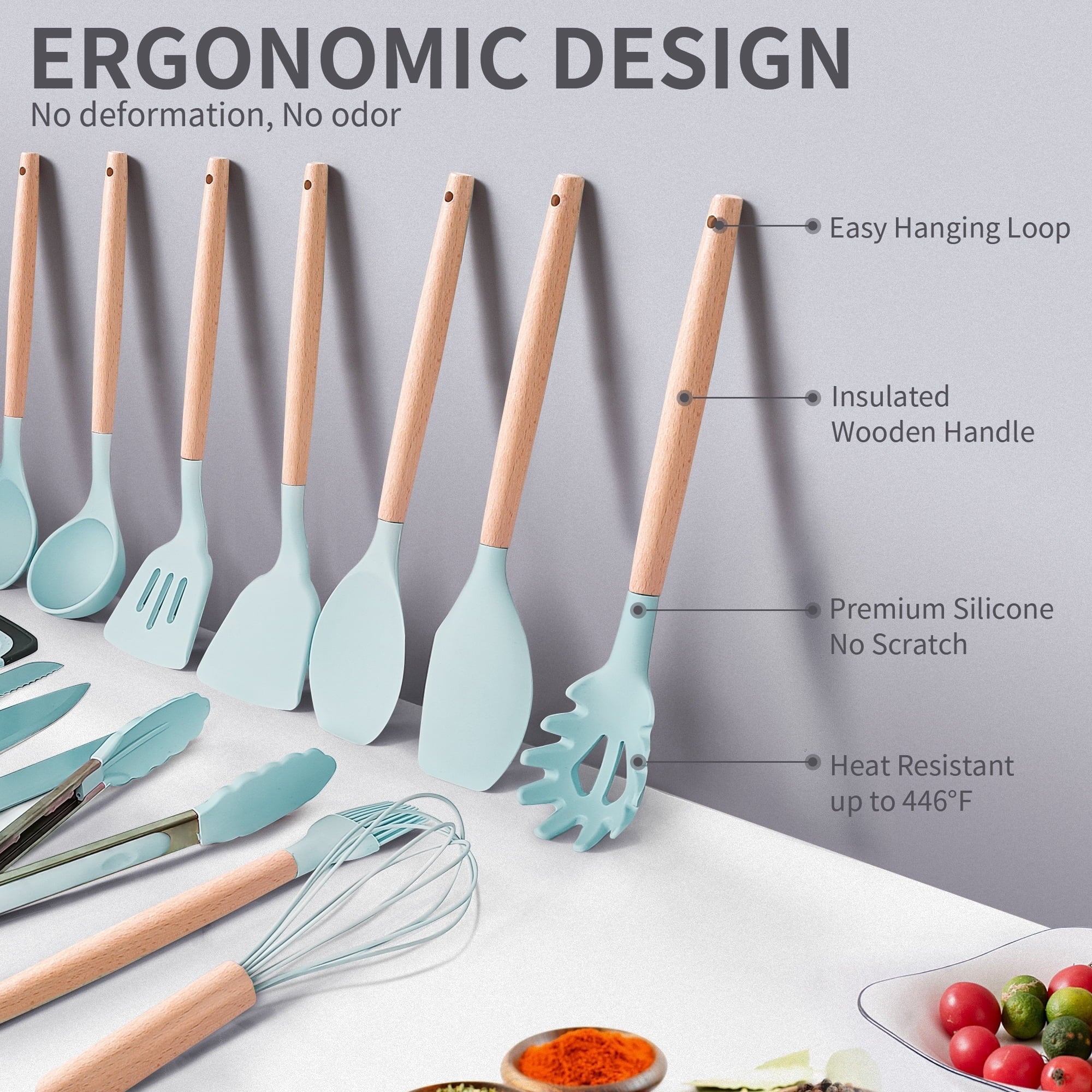 Ergonomic Cooking Silicone Kitchen Cooking Utensils Set, 19 Pieces Utensil with Holder, Heat Resistant, Green - Premium Stainless Steel Cooking Utensil for Non-Stick Pots Detail
