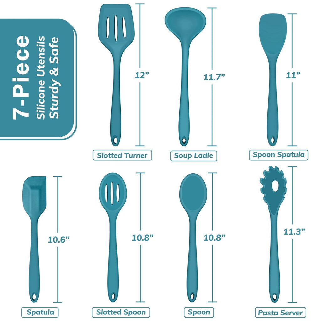 Non-Stick Safe 7-Piece Silicone Cooking Utensils Set, Blue Kitchen Utensils, Non-stick Gadgets Tools Include Slotted Turner, Soup La... - Durable Turner & Ladle Utensil Set for Home Chefs Detail