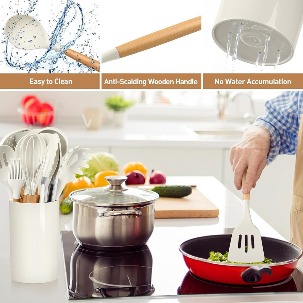 Seamless One-Piece Cooking Utensils Set, 12 packs Non-Stick Silicone Cooking Kitchen Utensils Spatula Set with Wooden Handles and... - Heat-Resistant Silicone Cooking Spatula Turner Detail