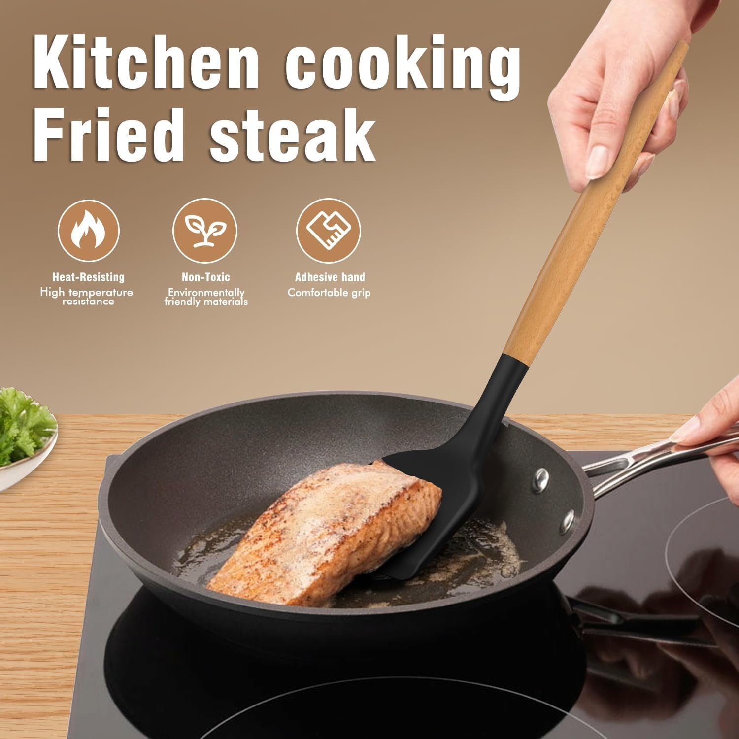 Multi-Functional Silicone Cooking Utensils Set - Silicone Kitchen Utensils for Cooking Wooden Handles, 446°F Heat Resistant Kitchen Ut... - Kitchen Gadget Tool for Quick Food Prep Detail